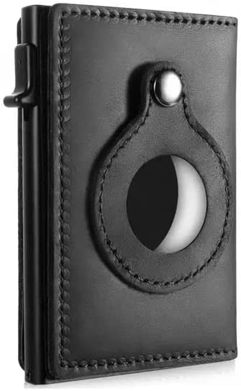 JAT Leather Airtag Men Wallet Genuine Crazy Horse Leather Automatic Pop up Wallet with Airtag Front Pocket (Carbon Fiber)  JAT Black  