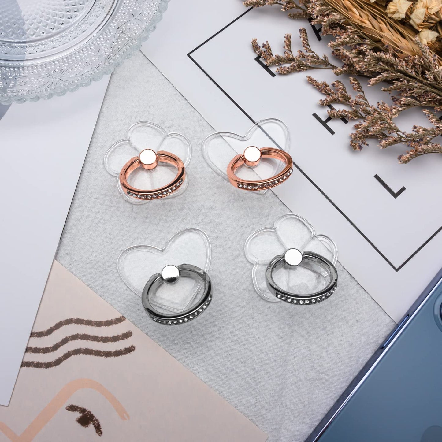 WOGROO Cell Phone Ring Holder Stand Compatible All Mobile Phones or Phone Cases, Transparent Phone Ring Holder Finger Kickstand 360°Degree Rotation Clear Phone Ring Grip, 2 Silver  WOGROO   