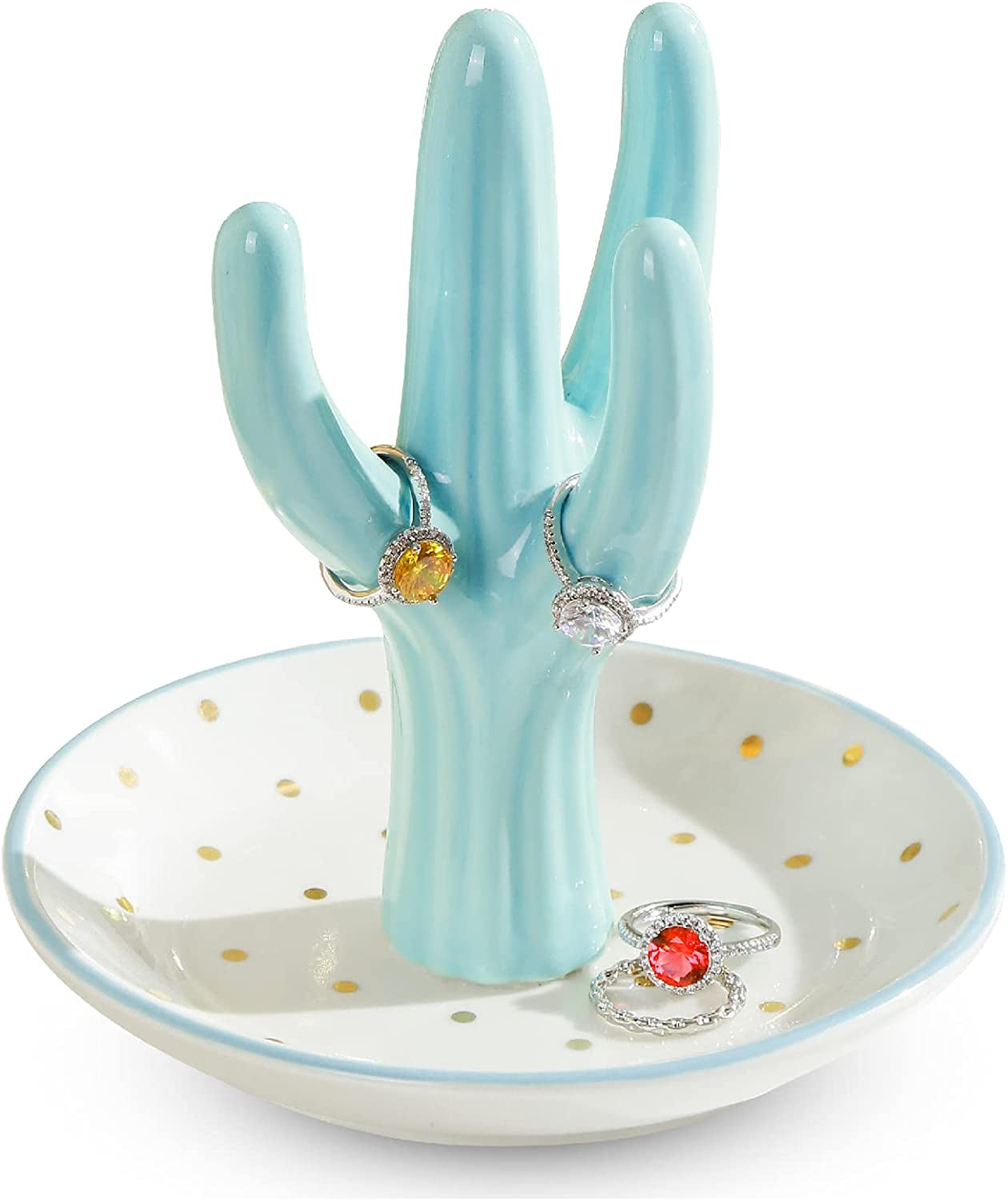 PUDDING CABIN Aloe Ring Holder,Cactus Ring Dish,Jewelry Holder Trinket Tray for Rings Earrings Necklace Organizer,Christmas Gift for Women Girls, Birthday Gift for Women Her  Eastyle Macaron Blue Cactus  