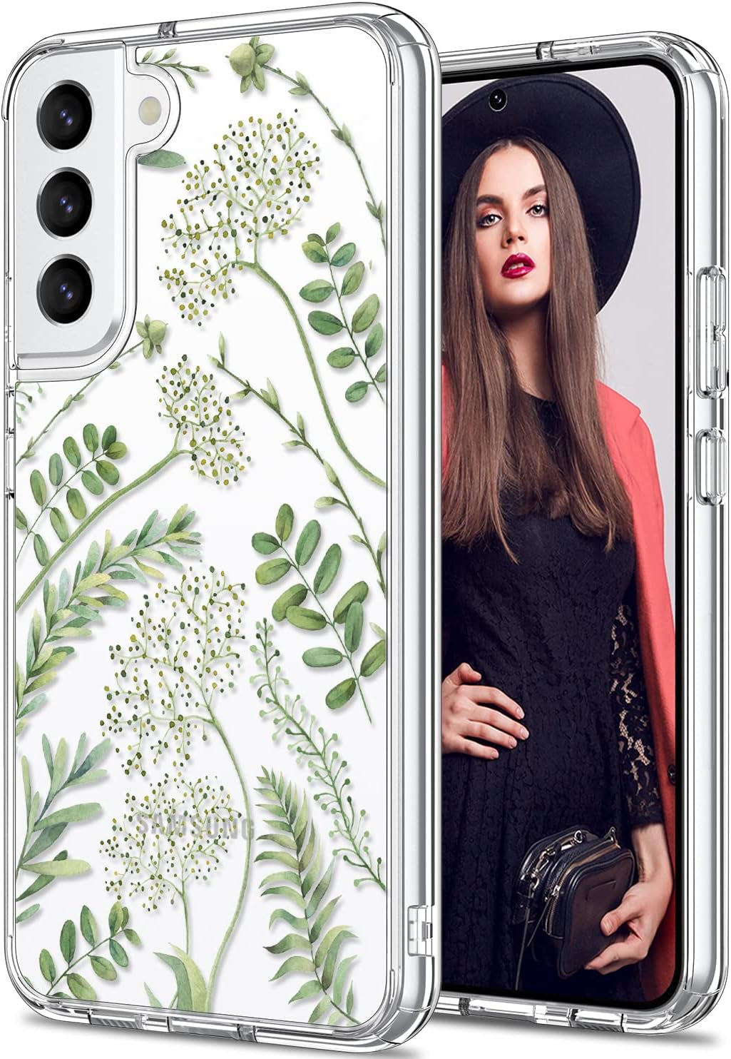 ICEDIO for Samsung Galaxy S22 Case,Slim Fit Crystal Clear Cover with Fashionable Designs for Girls Women,Durable Rugged Protective Phone Case for Samsung Galaxy S22 6.1" Cute Flower Garden  ICEDIO Green Leaves Floral  