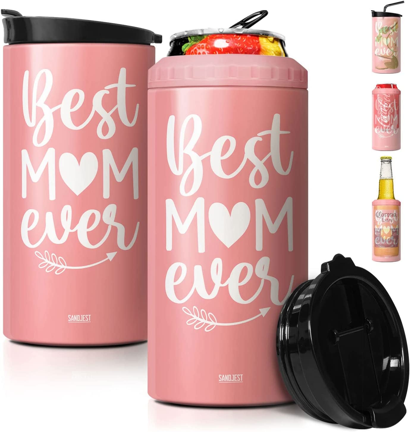SANDJEST 4-In-1 Best Dad Ever Tumbler Gifts for Dad from Daughter Son - 12Oz Dad Can Cooler Tumblers Travel Mug Cup - Stainless Steel Insulated Cans Coozie Christmas, Birthday, Father'S Day Gift  SANDJEST Best Mom Ever - Pink  