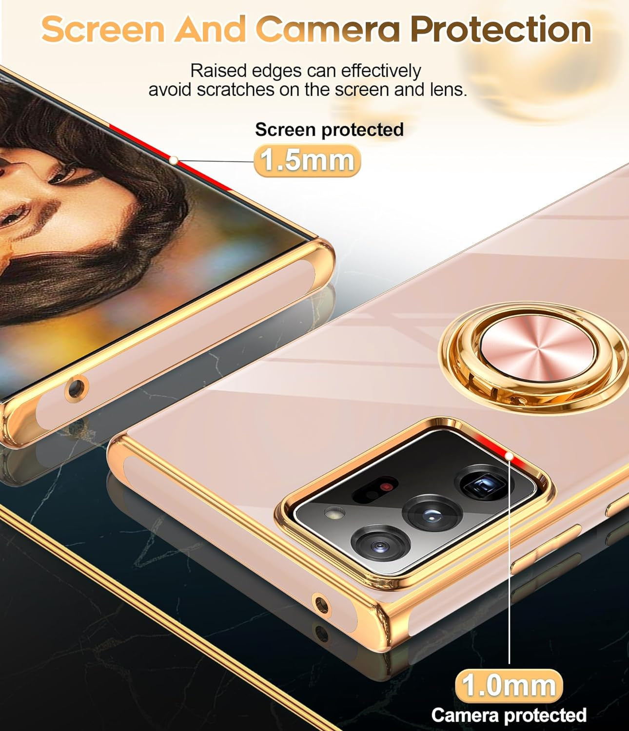 Leyi for Galaxy Note 20 Ultra Case: 360° Rotatable Ring Holder Magnetic Kickstand, Plating Rose Gold Edge Protective Samsung Galaxy Note 20 Ultra Case, Pink  LeYi   