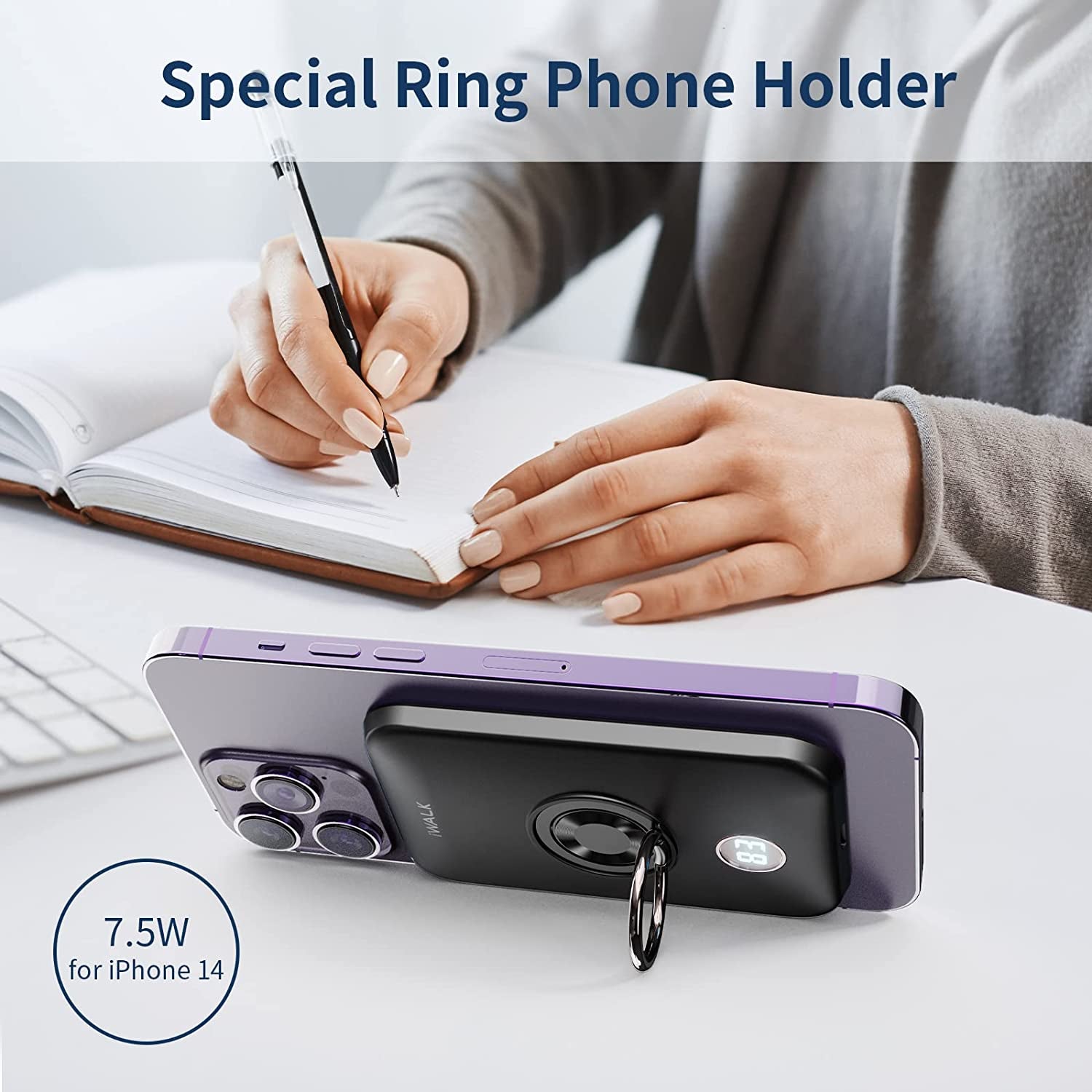 Iwalk Magnetic Wireless Power Bank, 6000Mah Portable Charger with Finger Holder, Stronger Magnet Stick for Phone with Unique Mag-Suction Tech, Only Compatible with Iphone 14/13/12 Pro Max  iWALK   