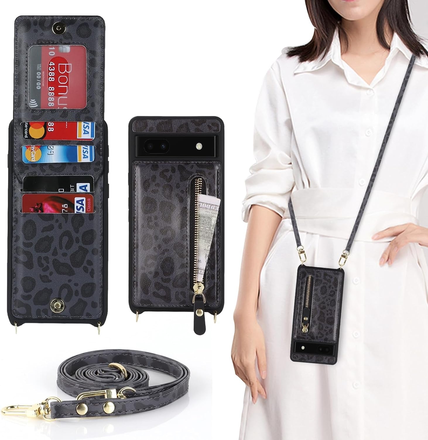 Jaorty Google Pixel 6A Case for Women with Card Holder 6.1" 5G 2022,Google Pixel 6A Phone Case with Strap,Crossbody Lanyard Cases with Credit Card Slots with Stand,Burgundy  Jaorty A-Style 2 - Black Leopard  