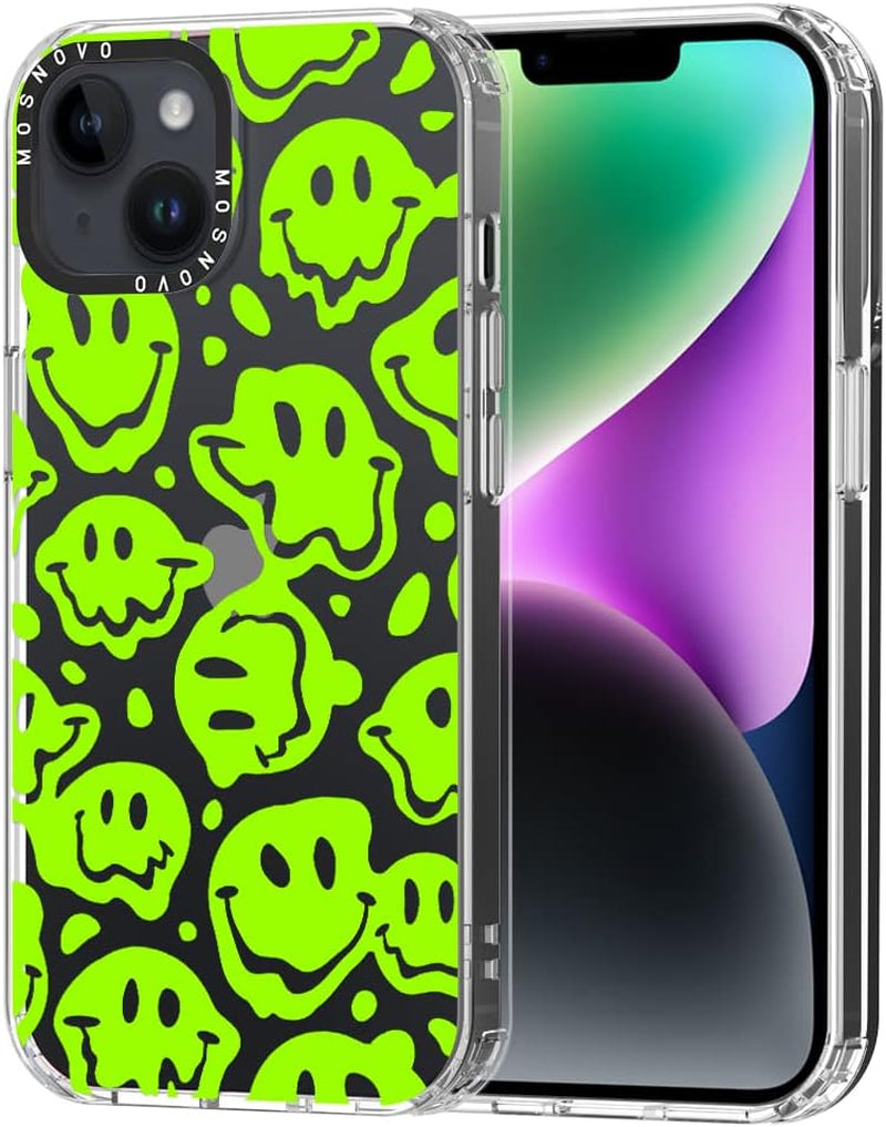 MOSNOVO Compatible with Iphone 14 plus Case, [Buffertech 6.6 Ft Drop Impact] [Anti Peel off Tech] Clear TPU Shockproof Bumper Phone Case Cover with Black Dragon Designed for Iphone 14 plus 6.7"  MOSNOVO Distorted Green Smiles Face  