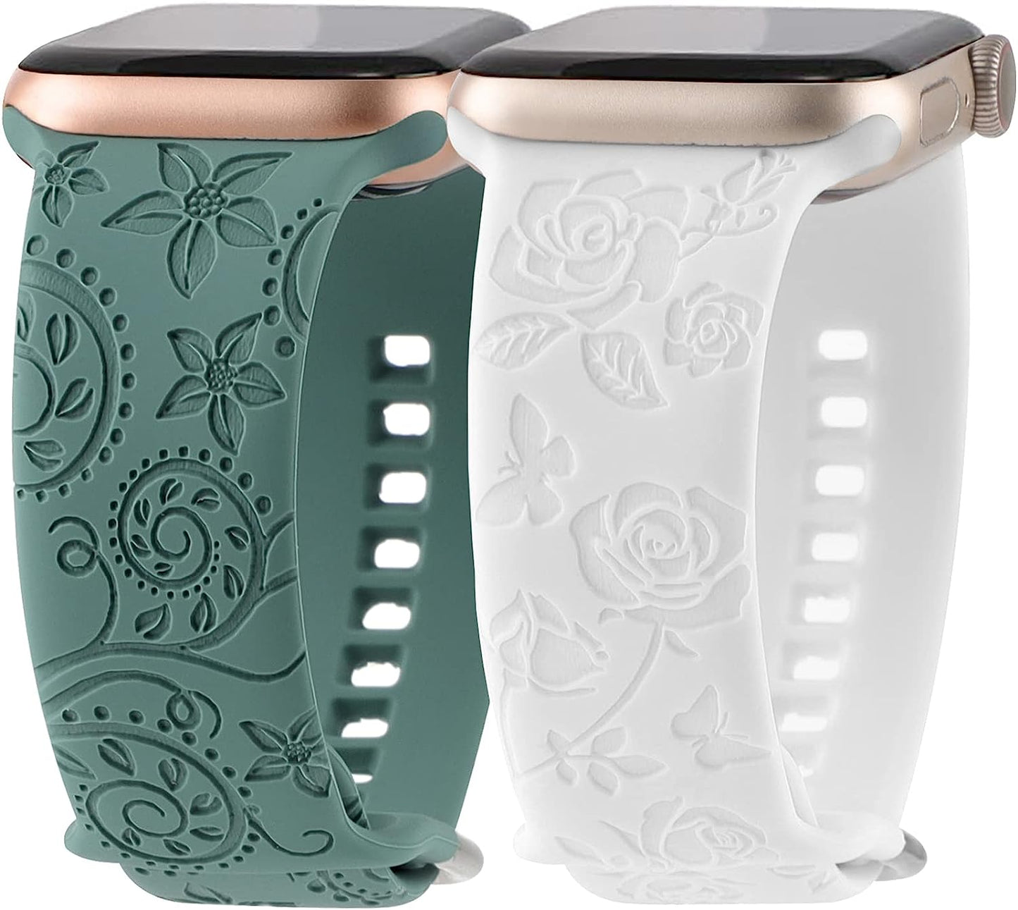 Flower Engraved Bands Compatible with Apple Watch Band 41Mm 40Mm 38Mm 44Mm 42Mm 45Mm 49Mm, Cute Women Floral Soft Silicone Sport Replacement Strap for Iwatch Series Ultra SE 8 7 6 5 4 3 2 1  TERKOWQI Green White 42mm/44mm/45mm/49mm 