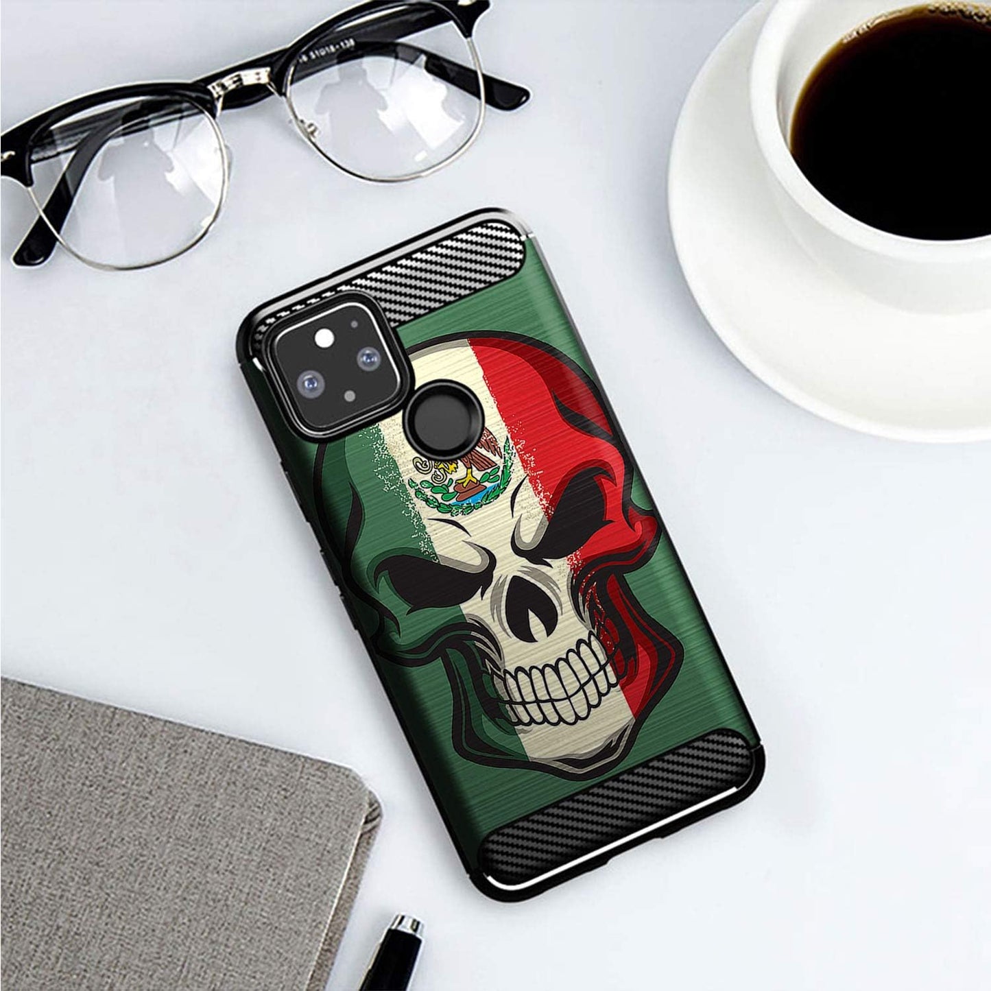 Casesondeck Slim Case Compatible with [Google Pixel 4A 5G (2020)] Thin Scratch Preventing TPU, Matte Finish Carbon Fiber Texture Edges (Mexican Skull)  CasesonDeck   