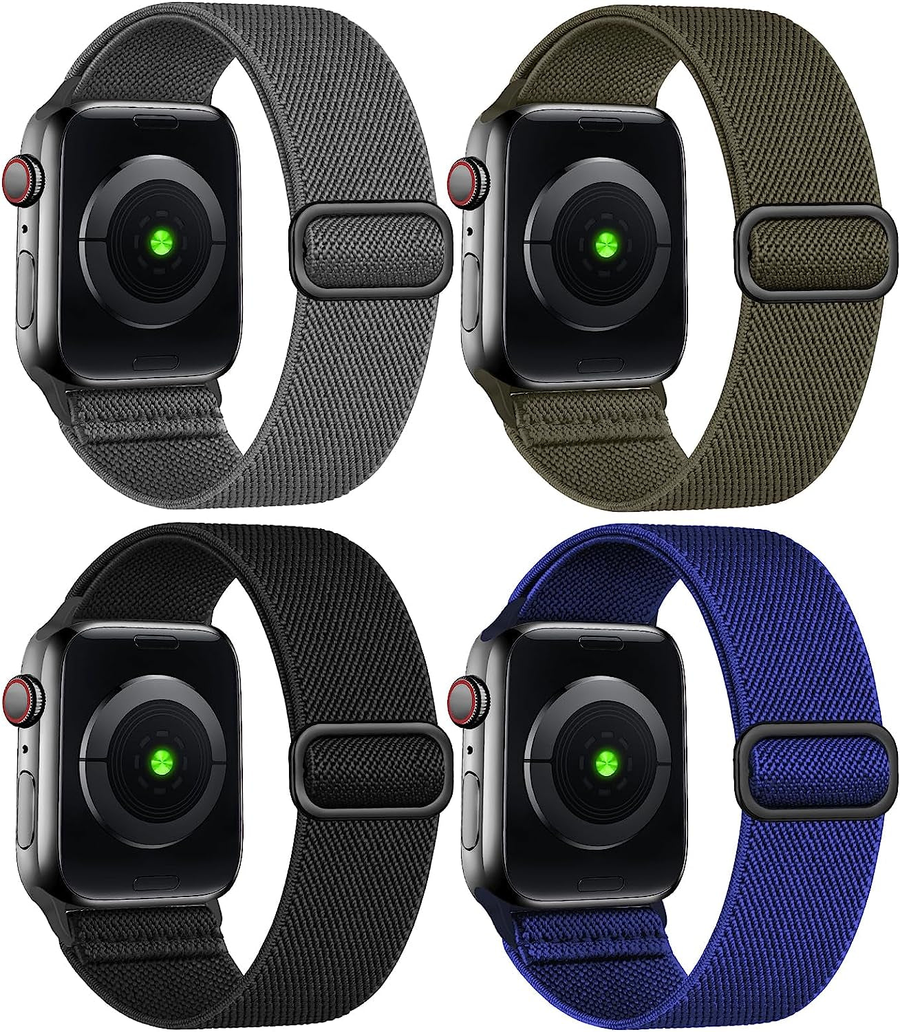 Treasuremax 4 Pack Stretchy Solo Loop Bands Compatible for Apple Watch 38Mm 40Mm 41Mm 42Mm 44Mm 45Mm 49Mm, Adjustable Nylon Elastic Braided Straps for Iwatch Serie Ultra/8/7/6/Se/5/4 3/2/1 Women Men  TreasureMax Black/Navy Blue/Deep Gray/Army Green 38MM/40MM/41MM 