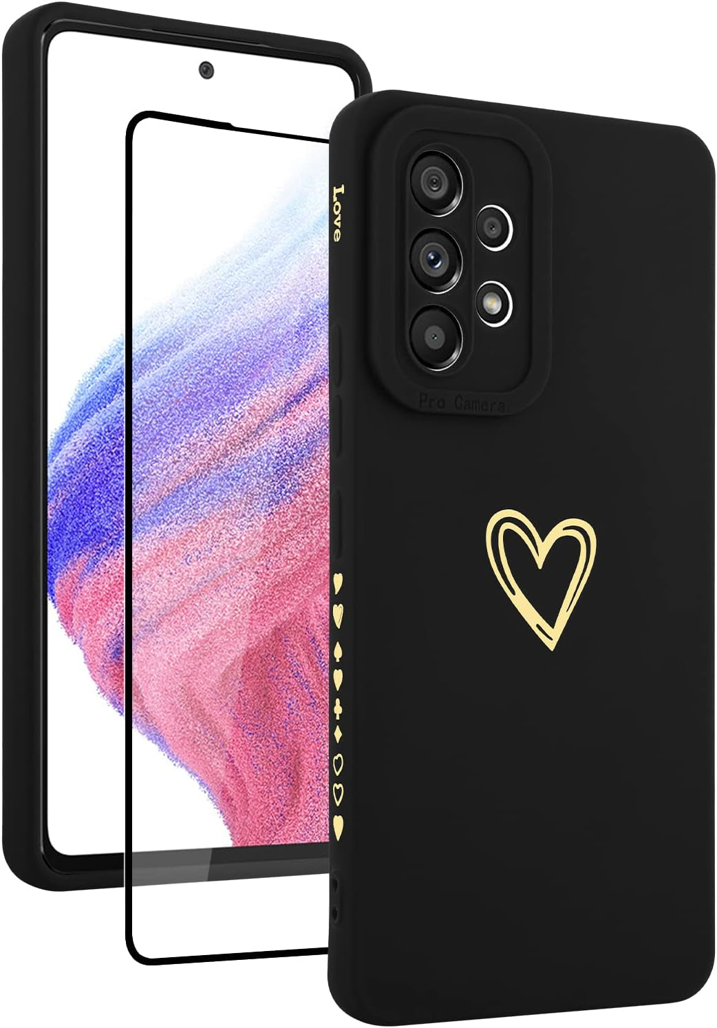 Fiyart Designed for Samsung Galaxy A53 5G Case Love Heart Design for Women Girls Soft TPU Plating Full Camera Lens Protection Phone Cover Bumper with Screen Protector for Galaxy A53 5G 6.5"-Black  Fiyart   