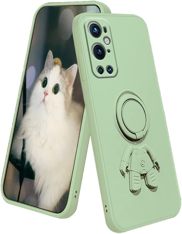 Compatible with Oneplus 9 Pro Case with Creative Astronaut Pattern Holder Green, Oneplus 9 Pro Phone Case with Ring Kickstand Silicone Shockproof Soft TPU Protective Slim Cover (Dark Green)  Wousunly Green  
