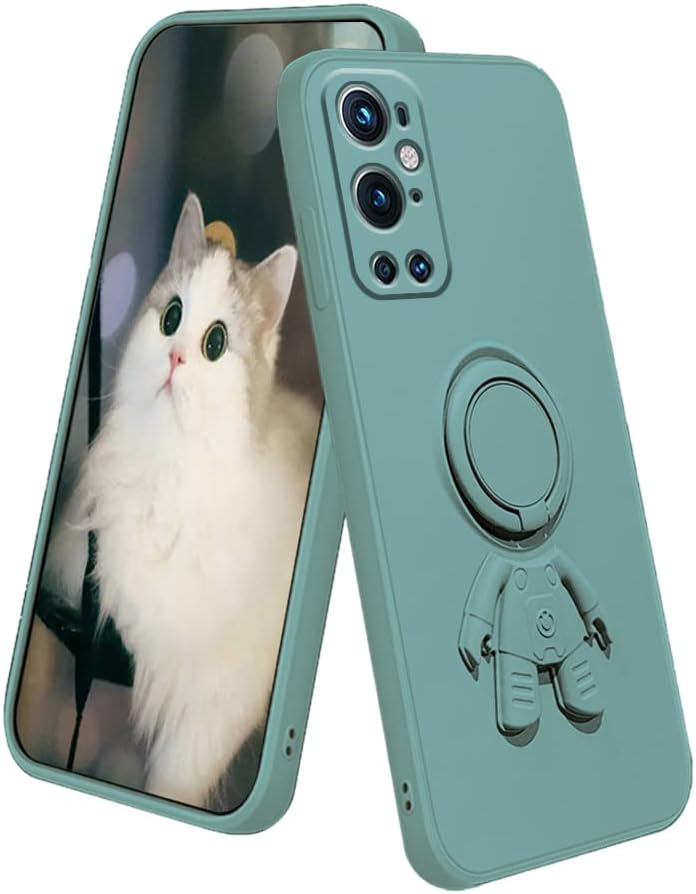 Compatible with Oneplus 9 Pro Case with Creative Astronaut Pattern Holder Green, Oneplus 9 Pro Phone Case with Ring Kickstand Silicone Shockproof Soft TPU Protective Slim Cover (Black)  Wousunly Dark Green  