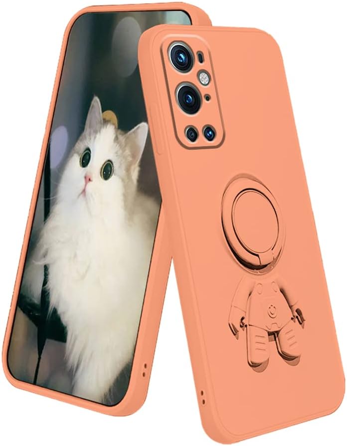 Compatible with Oneplus 9 Pro Case with Creative Astronaut Pattern Holder Green, Oneplus 9 Pro Phone Case with Ring Kickstand Silicone Shockproof Soft TPU Protective Slim Cover (Green)  Wousunly Orange  