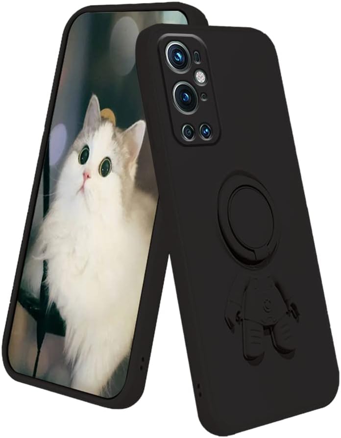 Compatible with Oneplus 9 Pro Case with Creative Astronaut Pattern Holder Green, Oneplus 9 Pro Phone Case with Ring Kickstand Silicone Shockproof Soft TPU Protective Slim Cover (Black)  Wousunly Black  