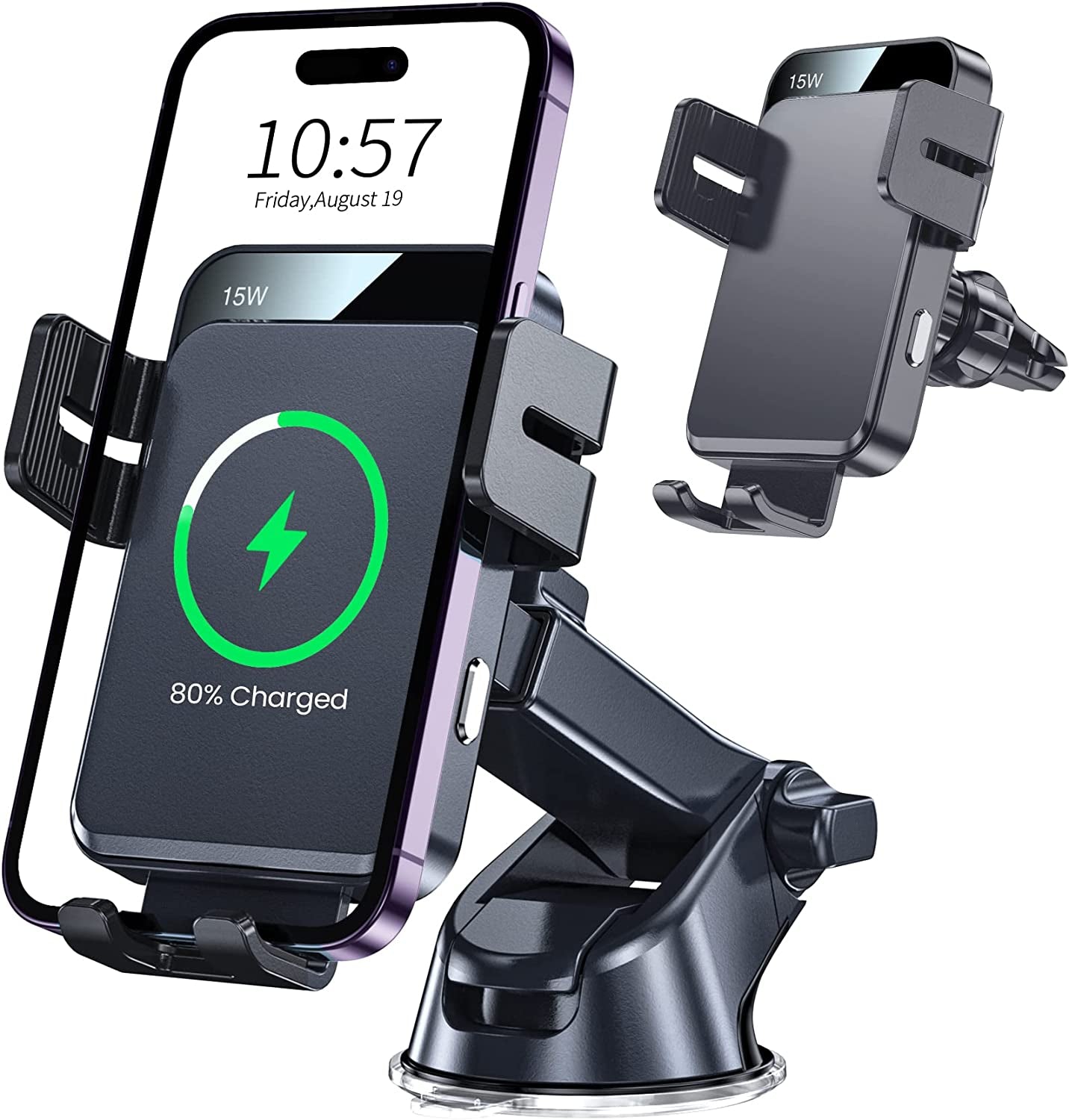 Wireless Car Charger, MOKPR 3 In1 Long Arm Car Mount, 15W Auto Clamping Car Charger Dash Windshield Air Vent Phone Holder Compatible with Iphone 14/13/13 Pro/12 Pro/12/11/X/8, Samsung S23/S22/S21,Etc  MOKPR   