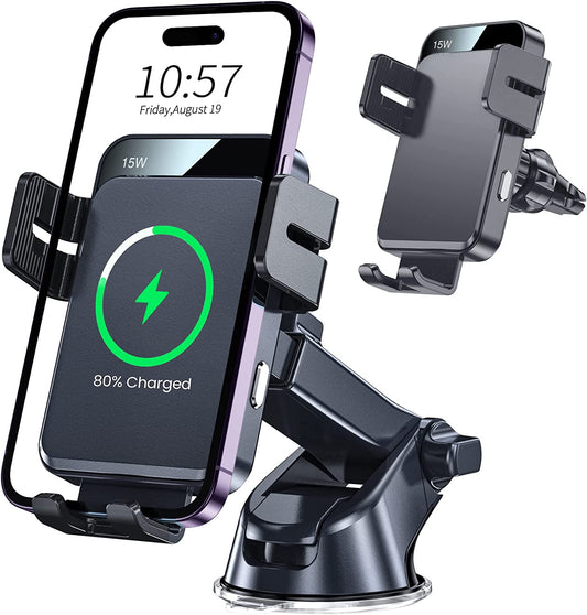 Wireless Car Charger, MOKPR 3 In1 Long Arm Car Mount, 15W Auto Clamping Car Charger Dash Windshield Air Vent Phone Holder Compatible with Iphone 14/13/13 Pro/12 Pro/12/11/X/8, Samsung S23/S22/S21,Etc  MOKPR   