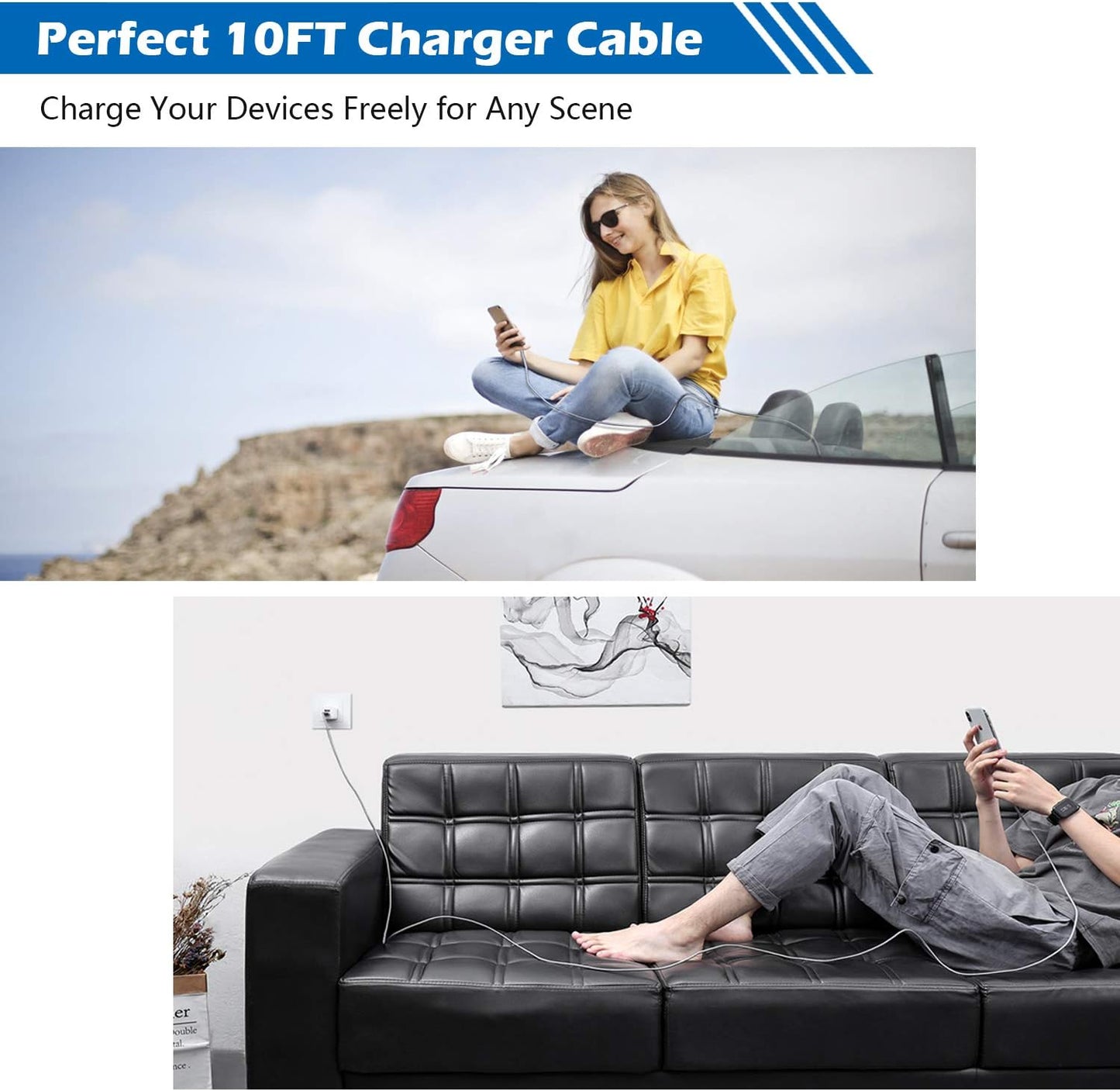 WHIRELEAST Iphone Charger Cable 10 FT with Wall Plug, Braided Long Iphone Charging Cord + Dual USB Wall Charger Block Adapter Compatible with Iphone 12/11/11 Pro Max/Xs/Xr/X/8/7/6 Plus, Ipad (4-Pack)  WHIRELEAST   