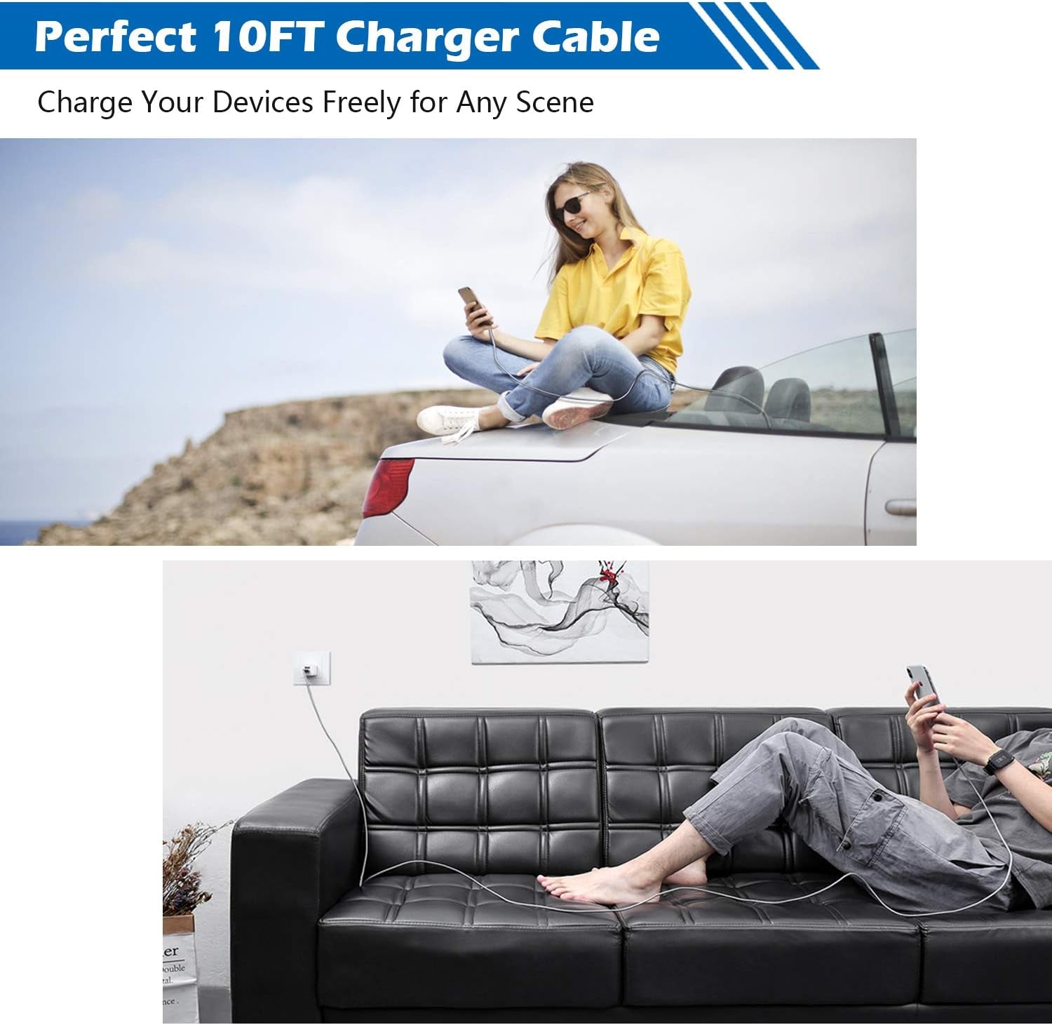 WHIRELEAST Iphone Charger Cable 10 FT with Wall Plug, Braided Long Iphone Charging Cord + Dual USB Wall Charger Block Adapter Compatible with Iphone 12/11/11 Pro Max/Xs/Xr/X/8/7/6 Plus, Ipad (4-Pack)  WHIRELEAST   