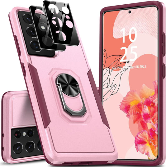 Oterkin for S21 Ultra Case 5G,Samsung Galaxy S21 Ultra Case with [2 X 9H Lens Protectors][Adjustable Ring Kickstand] Shockproof Anti-Scratch Heavy Duty Phone Case for Galaxy S21 Ultra (Pink)  Oterkin   