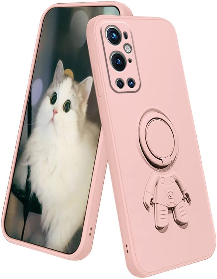 Compatible with Oneplus 9 Pro Case with Creative Astronaut Pattern Holder Green, Oneplus 9 Pro Phone Case with Ring Kickstand Silicone Shockproof Soft TPU Protective Slim Cover (Black)  Wousunly Pink  