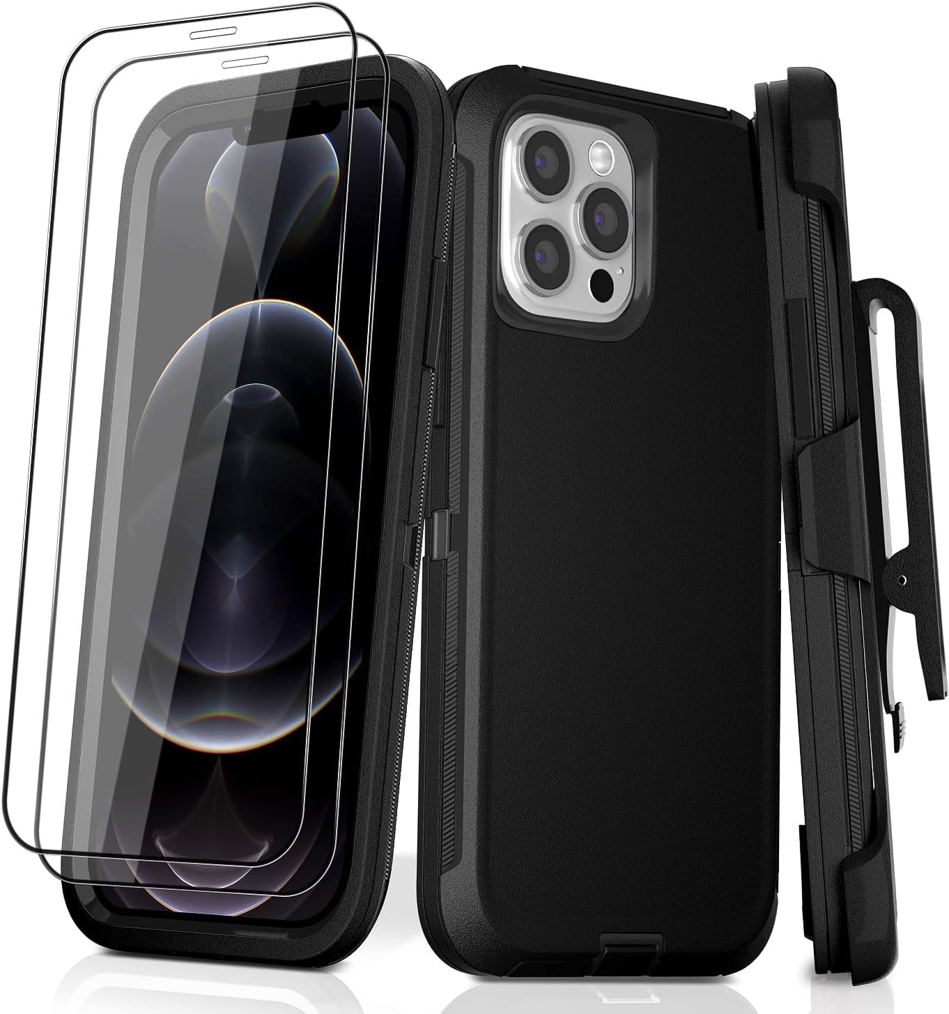 DHCALL for Iphone 12 Case & Iphone 12 Pro Case (6.1"), with 2 Tempered Glass Screen Protector,Belt Clip Holster, [Full Body Drop Protection] Shockproof Tough Durable 6.1 Inch（Black Green+Clip）  DHCALL   