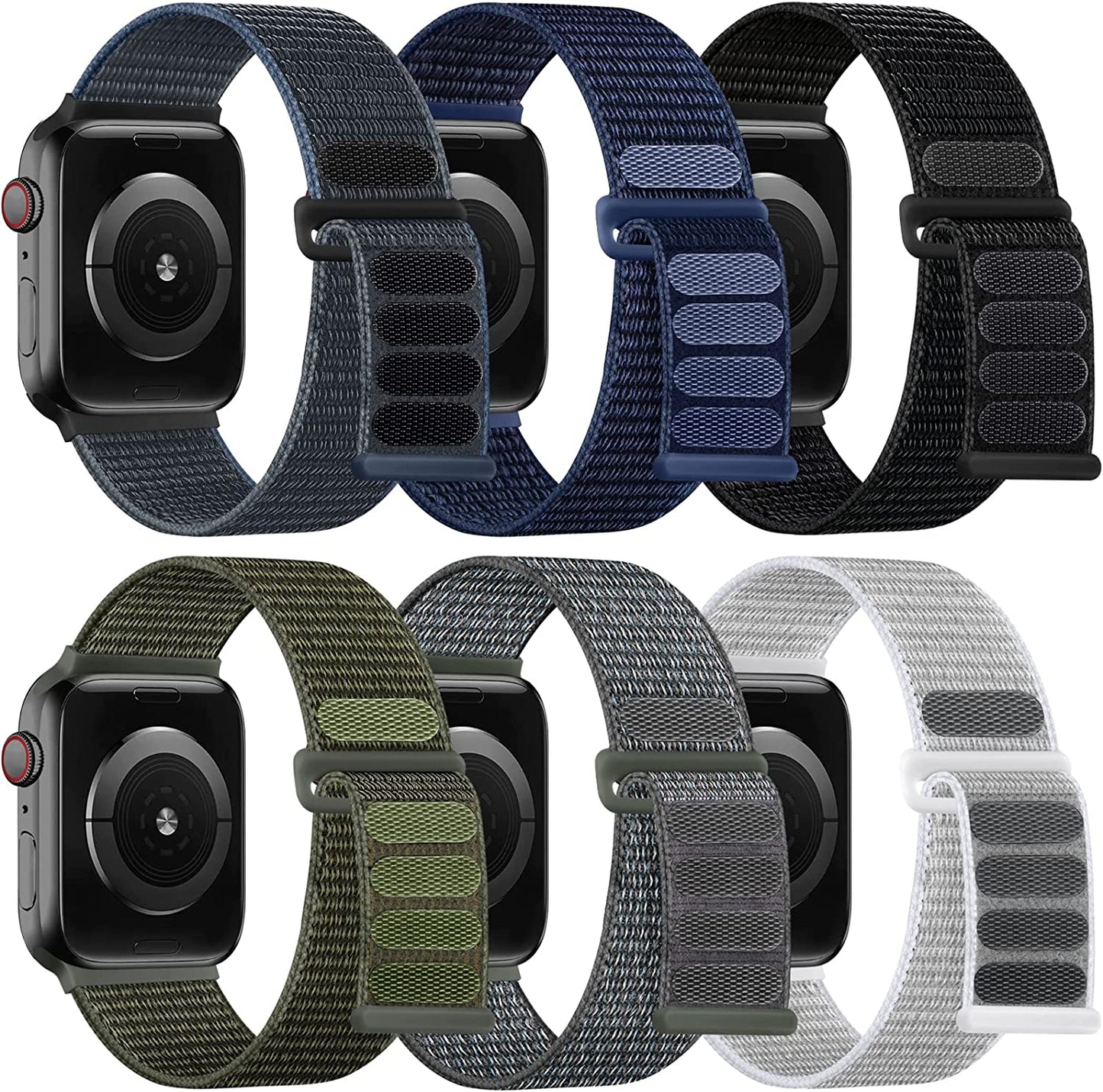 WJK 6 Pack Stretchy Nylon Solo Loop Bands Compatible with Apple Watch 38Mm 40Mm 41Mm 42Mm 44Mm 45Mm 49Mm Women Men, Adjustable Braided Sport Elastic Wristband for Iwatch Ultra SE Series 8 7 6 5 4 3 2 1  WJK Black/Dark Blue/Army Green/Storm Gray/Charcoal/Light Gray 42mm/44mm/45mm/49mm 