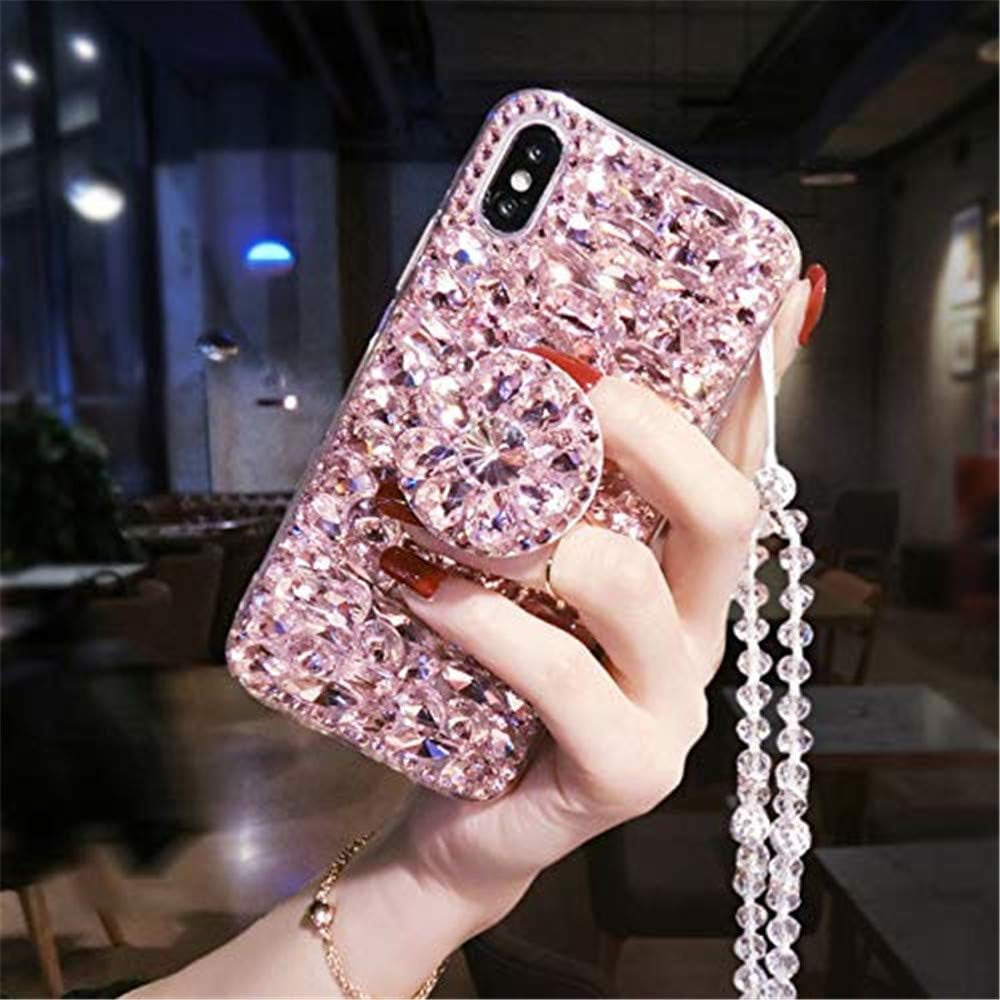 Diamond Kickstand Case for LG V30,3D Handmade Luxury Sparkle Stunning Stones with Crystal Strap Bling Diamond Glitter Case for LG V30/ V30S/ V35/ G6 Fit(Pink)  RB-CASE   