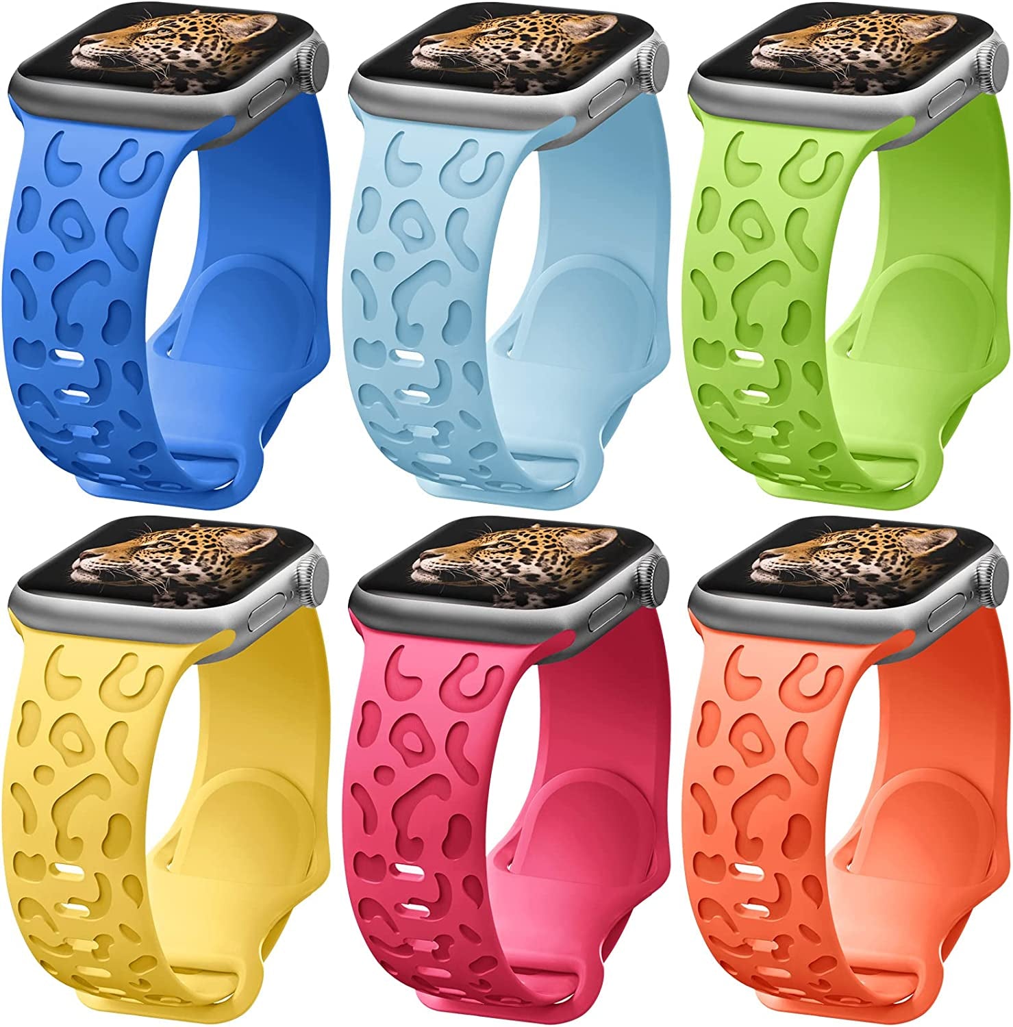6 Pack Leopard Engraved Band Compatible with Apple Watch Band 38Mm 44Mm 45Mm 49Mm, Waterproof Cheetah Sport Silicone Wristbands Replacement for Iwatch Series 8 7 6 5 4 3 2 SE for Women Starlight-42  TurnForY G-Surf Blue/ Turquoise/ Green/ Yellow/ Pitaya Red/ Spicy Orange 42mm/44mm/45mm/49mm 