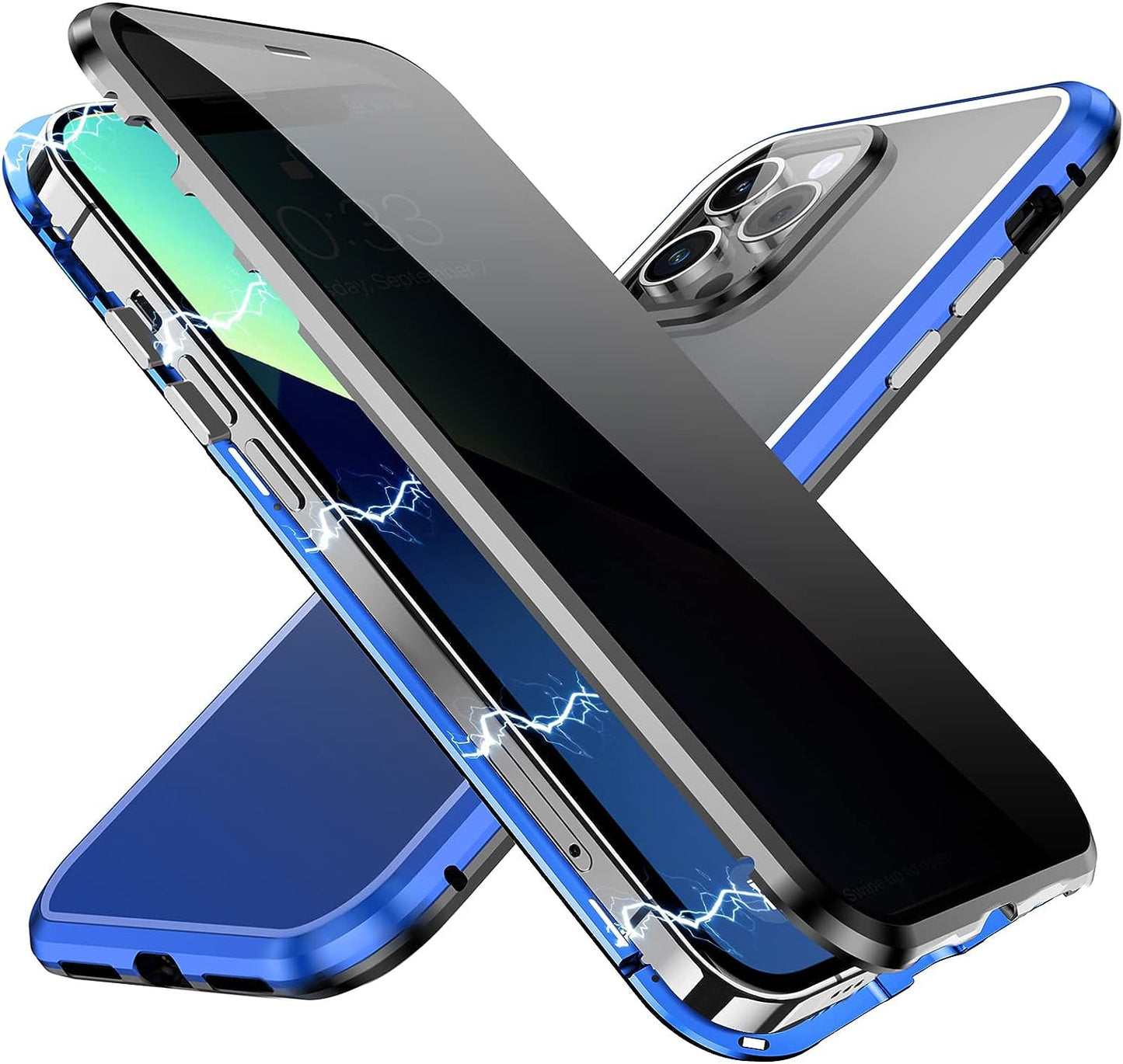 YUNQE Privacy Magnetic Case for Iphone 12 Pro Max, Double Sided Magnet Adsorption Cover with Anti-Peep Screen Protector and Camera Lens Full Body Protective for Iphone 12 Pro Max, Red  YUNQE Blue-Silver Iphone 12 Pro Max-6.7" 