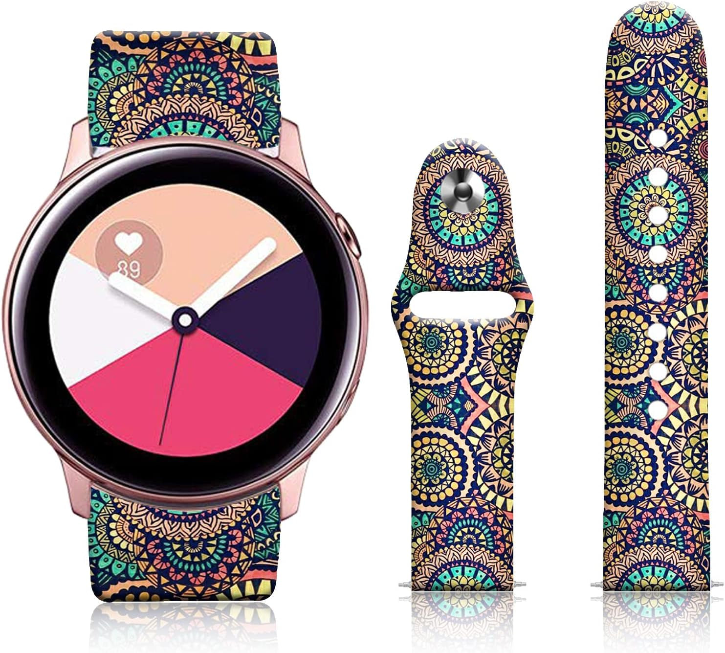 20MM Silicone Sport Bands Compatible for Samsung Galaxy Watch 4 40Mm 44Mm/Classic 42Mm 46Mm/Watch 3 41Mm, Active 2 Watch Bands /Gear S2, FTFCASE Turquoise Pattern Strap for Women Men Girls  FTFCASE Khaki Totem Flower  