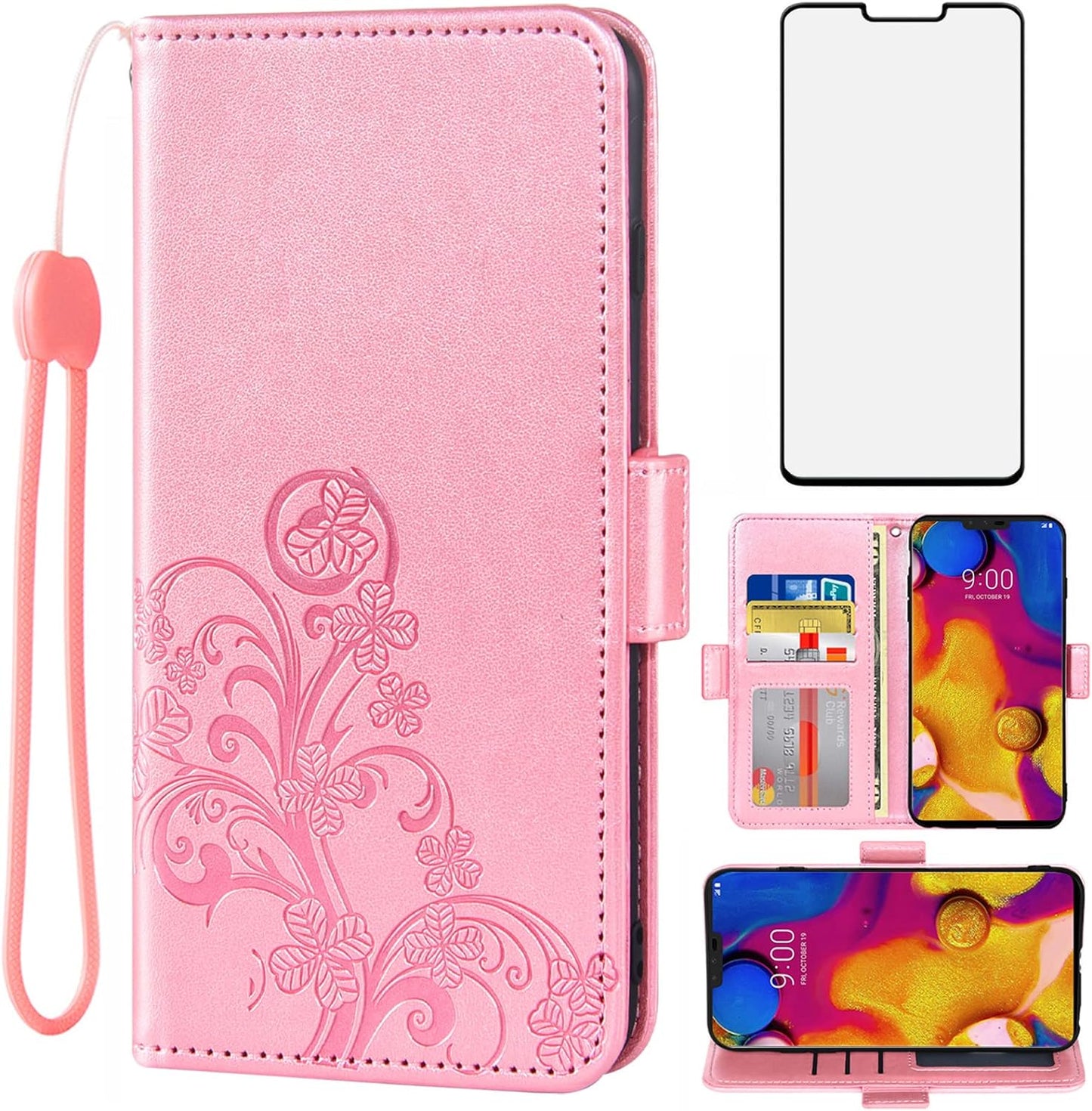 Asuwish Compatible with LG V40 Thinq Wallet Case and Tempered Glass Screen Protector Flip Wrist Strap Card Holder Cell Phone Cover for LGV40 Storm V 40 Thin Q V40Thinq LG40 40V 40Thinq Women Men Grey  Asuwish Rose Gold  