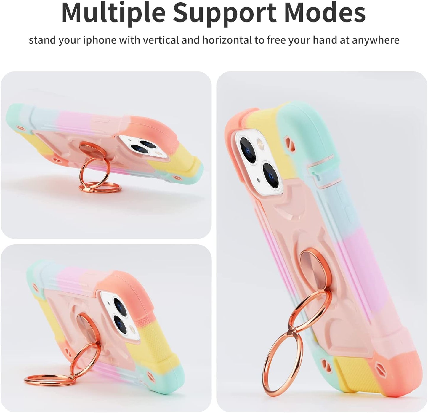 Cookiver for Iphone 14 Case/Iphone 13 Case 6.1 Inch with Ring Stand, with 2 Pack Glass Screen Protector + 1 Pack Camera Lens Protector,Heavy-Duty Shockproof Military Grade Rugged Cover (Rainbow Pink)  Cookiver   