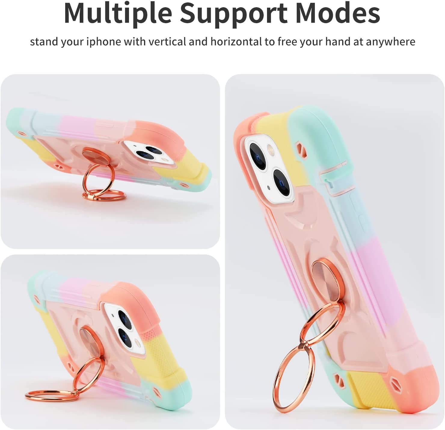 Cookiver for Iphone 14 Case/Iphone 13 Case 6.1 Inch with Ring Stand, with 2 Pack Glass Screen Protector + 1 Pack Camera Lens Protector,Heavy-Duty Shockproof Military Grade Rugged Cover (Rainbow Pink)  Cookiver   