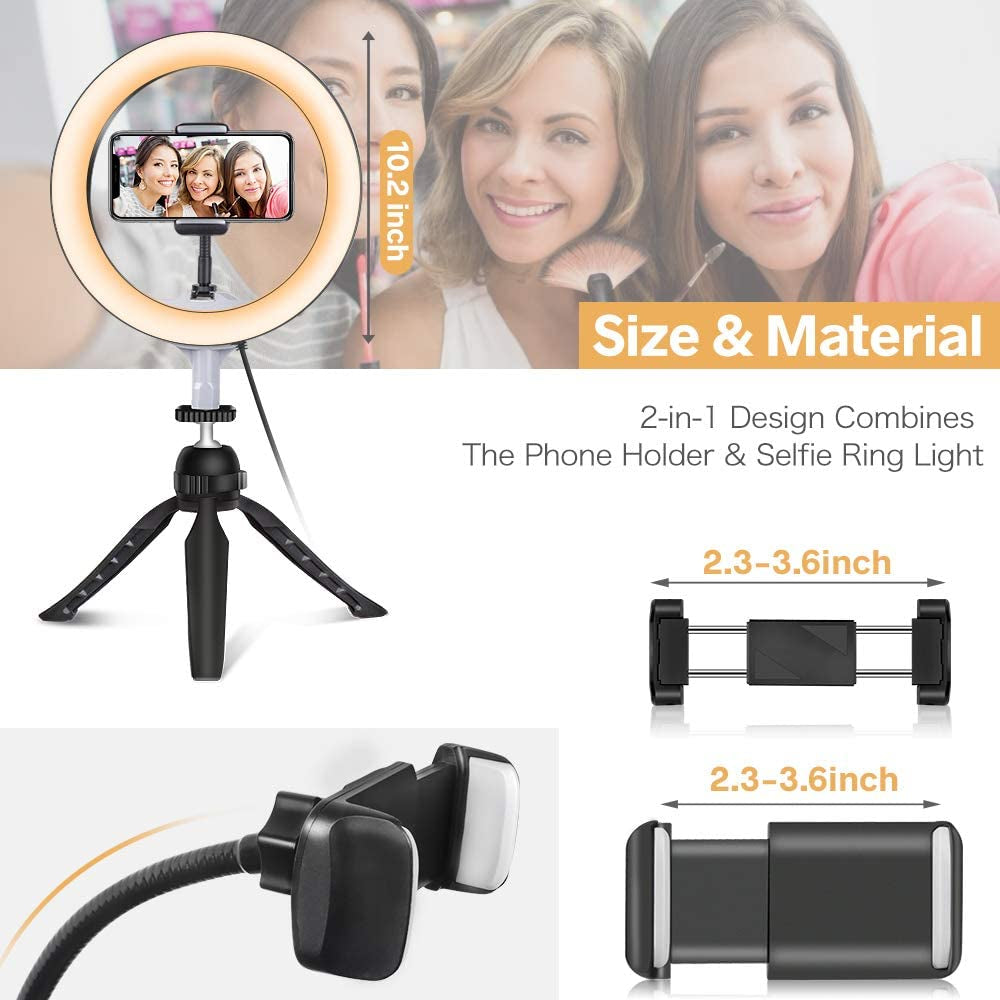Ubeesize 10" LED Ring Light with Tripod Stand & Phone Holder, Dimmable Desk Makeup Ring Light, Perfect for Live Streaming, Youtube Videos, and Photography, 3 Light Modes and 11 Brightness Levels  UBeesize   