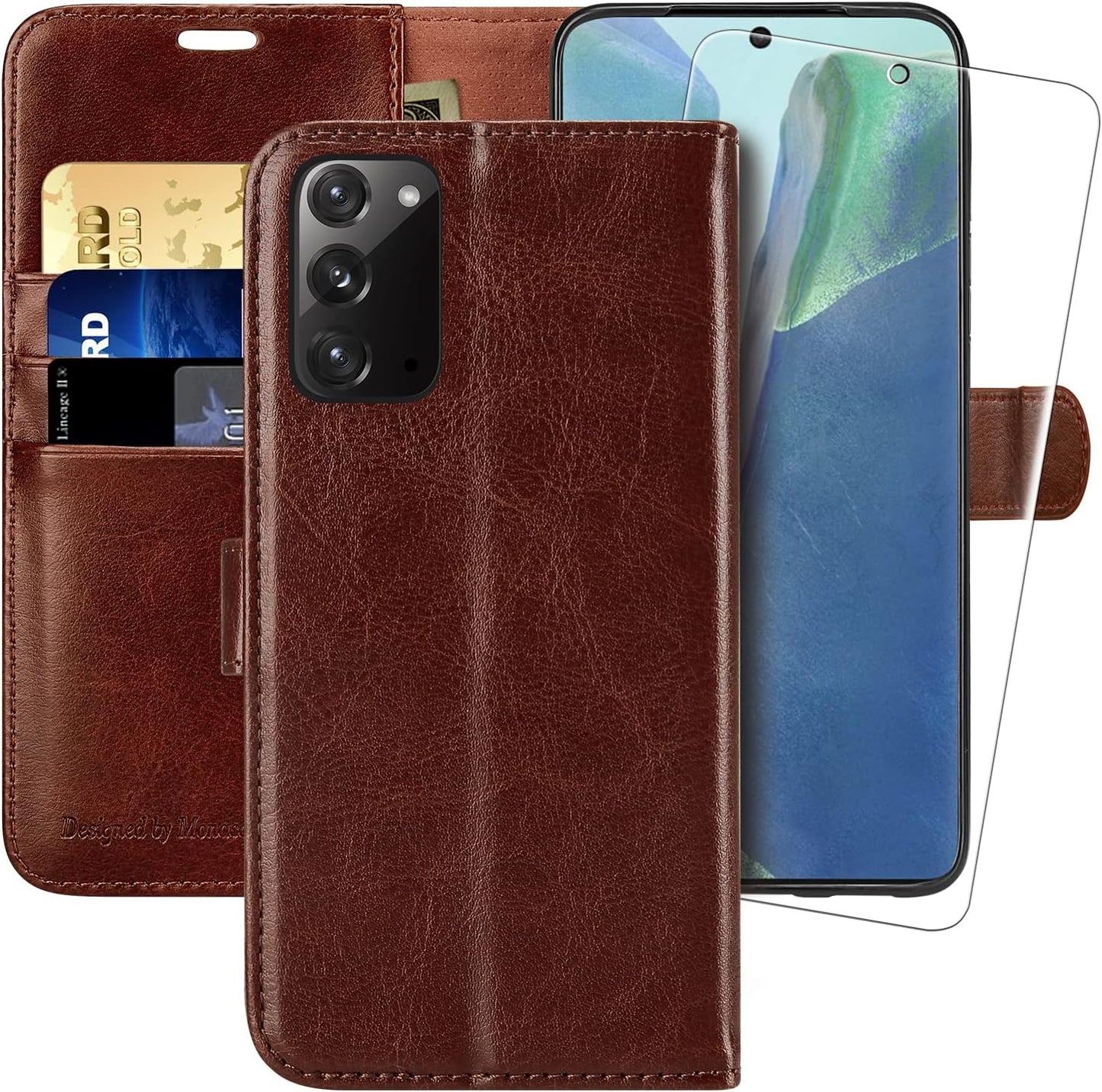 MONASAY Galaxy Note 20 5G Wallet Case, 6.7 Inch, [Included Screen Protector][Rfid Blocking] Flip Folio Leather Cell Phone Cover with Credit Card Holder for Samsung Galaxy Note 20 5G, Black  MONASAY Brown  