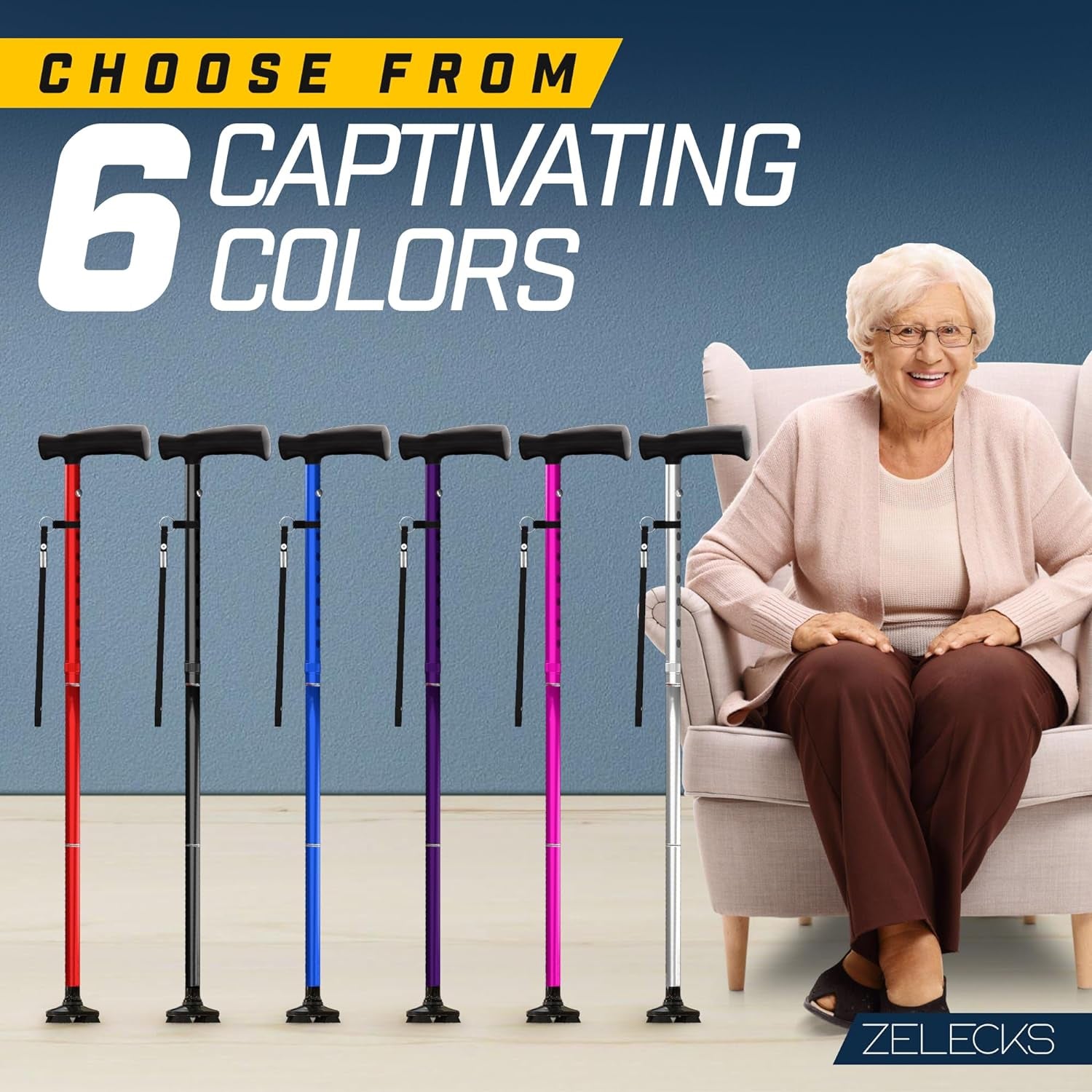 ZELECKS Walking Cane for Women & Men - Self Standing Adjustable Folding Cane with T Handle and 360 Pivot Base - Lightweight Foldable Walking Stick for Seniors - Collapsible Cane for Walking  ZELECKS   