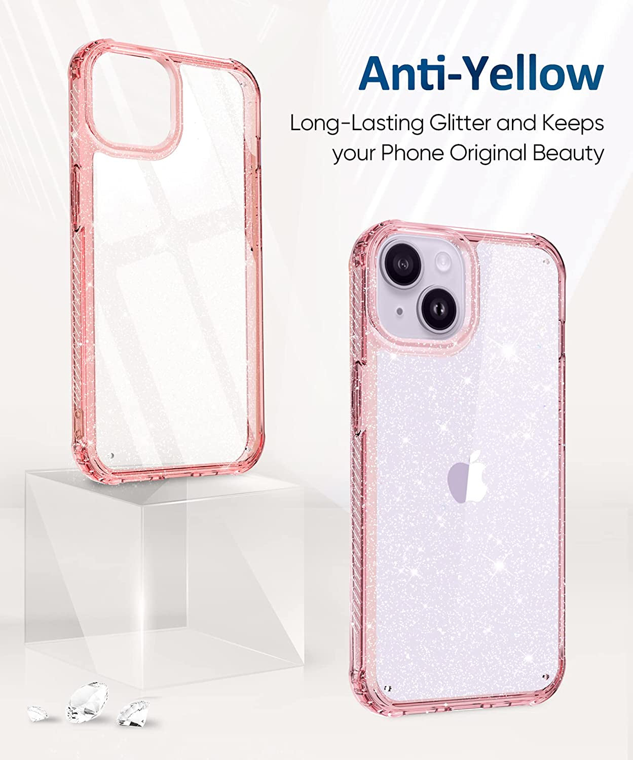 MIODIK Compatible with Iphone 14 Case with Screen Protector + Camera Lens Protector, Non Yellowing Clear Glitter Protective Phone Case, Women Girls Cover for Iphone 14 6.1 Inch 2022 - Sparkle Pink  MIODIK   