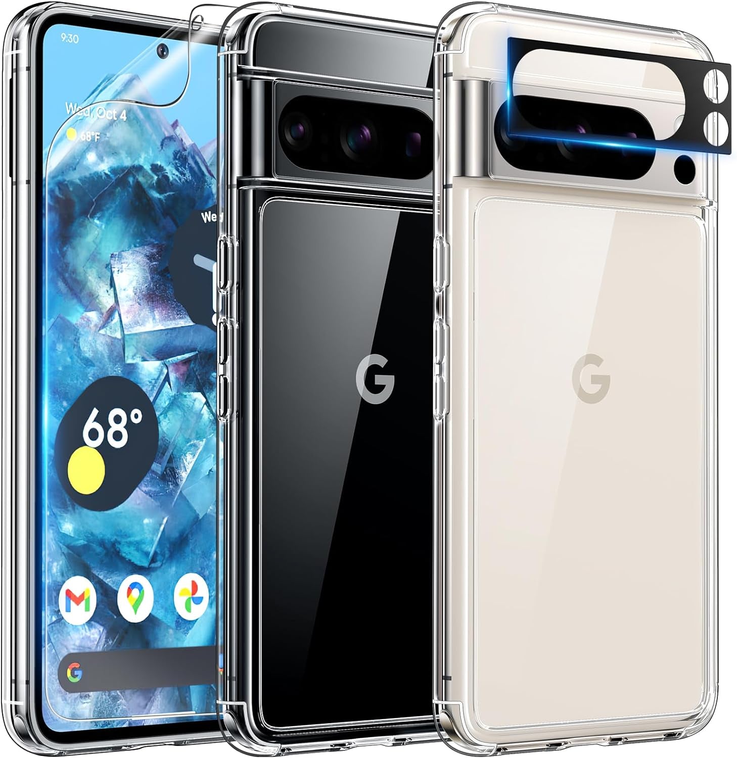 TAURI for Google Pixel 8 Pro Case, [5 in 1] 1X Clear Case [Not-Yellowing] with 2X TPU Film Screen Protector + 2X Camera Lens Protector, [Military Grade Protection] Slim Case for Pixel 8 Pro  TAURI   