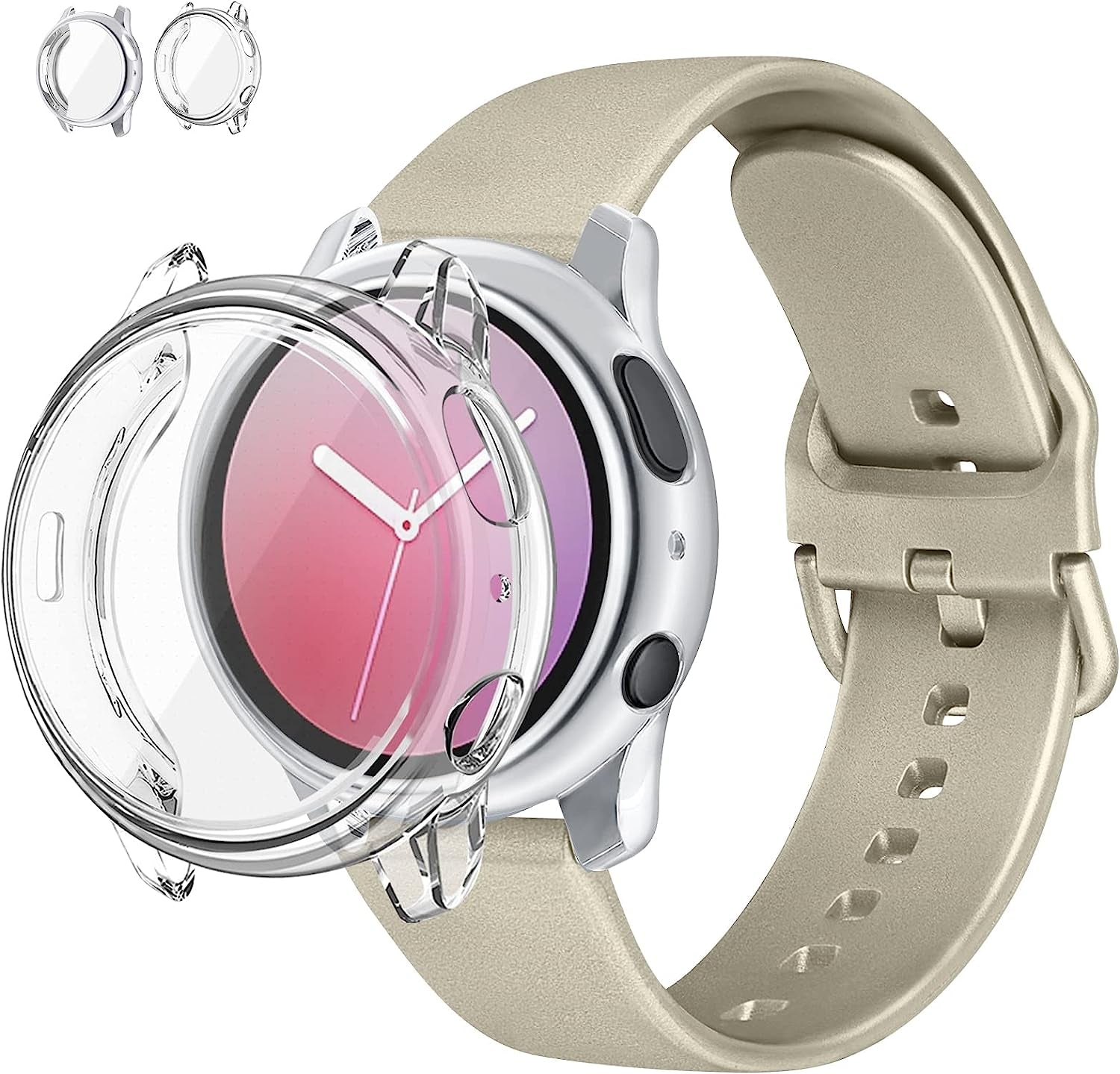 Mugust Screen Protector Cases with Band Compatible for Samsung Galaxy Watch Active 2 40Mm & 44Mm, TPU Protective Case Band Silicone Sport Wristband Strap for Men Women  Mugust Champagne Gld Glossy (Clear+Silver) for Galaxy Watch Active 2 44mm 