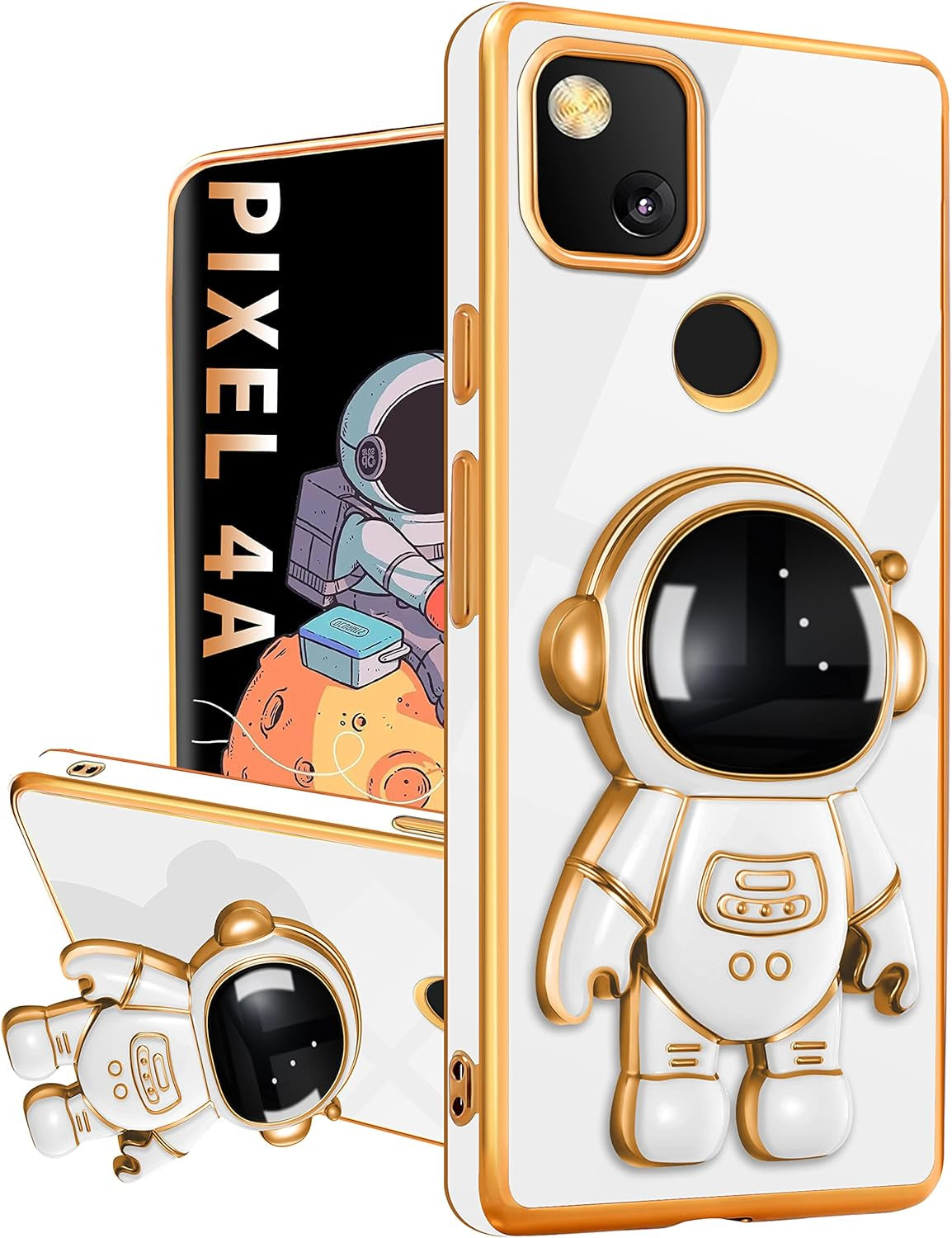 Buleens for Google Pixel 4A Case with Astronaut Stand, Women Girls Pixel 4A Cases, Girly Cute 6D Outer Space Heart Pattern Phone Cover for Google Pixel 4A(Not Fit 5G) 5.8 Inch Black  Buleens White  