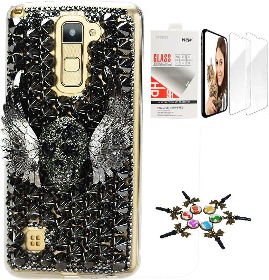 STENES Bling Case Compatible with LG V40 Thinq - Stylish - 3D Handmade [Sparkle Series] Luxury Peacock Flowers Design Cover with Screen Protector [2 Pack] - Red  STENES Punk Rivet Wing Skull / Black Design For Lg V40 Thinq 