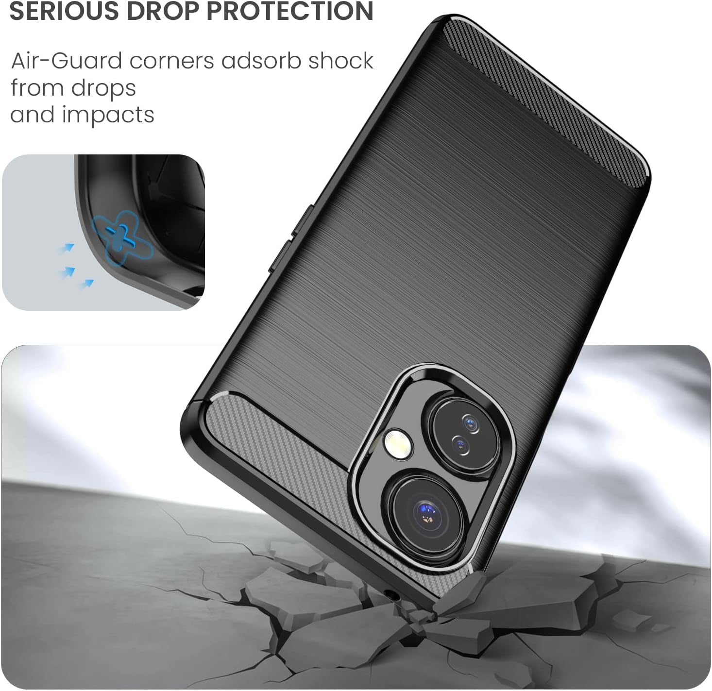 Dretal for Oneplus Nord N30 5G Case with Tempered Glass Screen Protector, Shock-Absorption Brushed Flexible Soft TPU Carbon Fiber Protective Cover for Oneplus Nord N30 5G (Ls-Black)  Dretal   