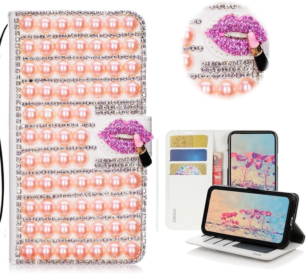 STENES LG G6 Case, LG G6 plus Case - STYLISH - 3D Handmade Bling Crystal Pearl Lattice Design Wallet Credit Card Slots Fold Stand Leather Cover Case for LG G6/LG G6 plus - White  STENES Pearl Lattice Sexy Lips / Pink  