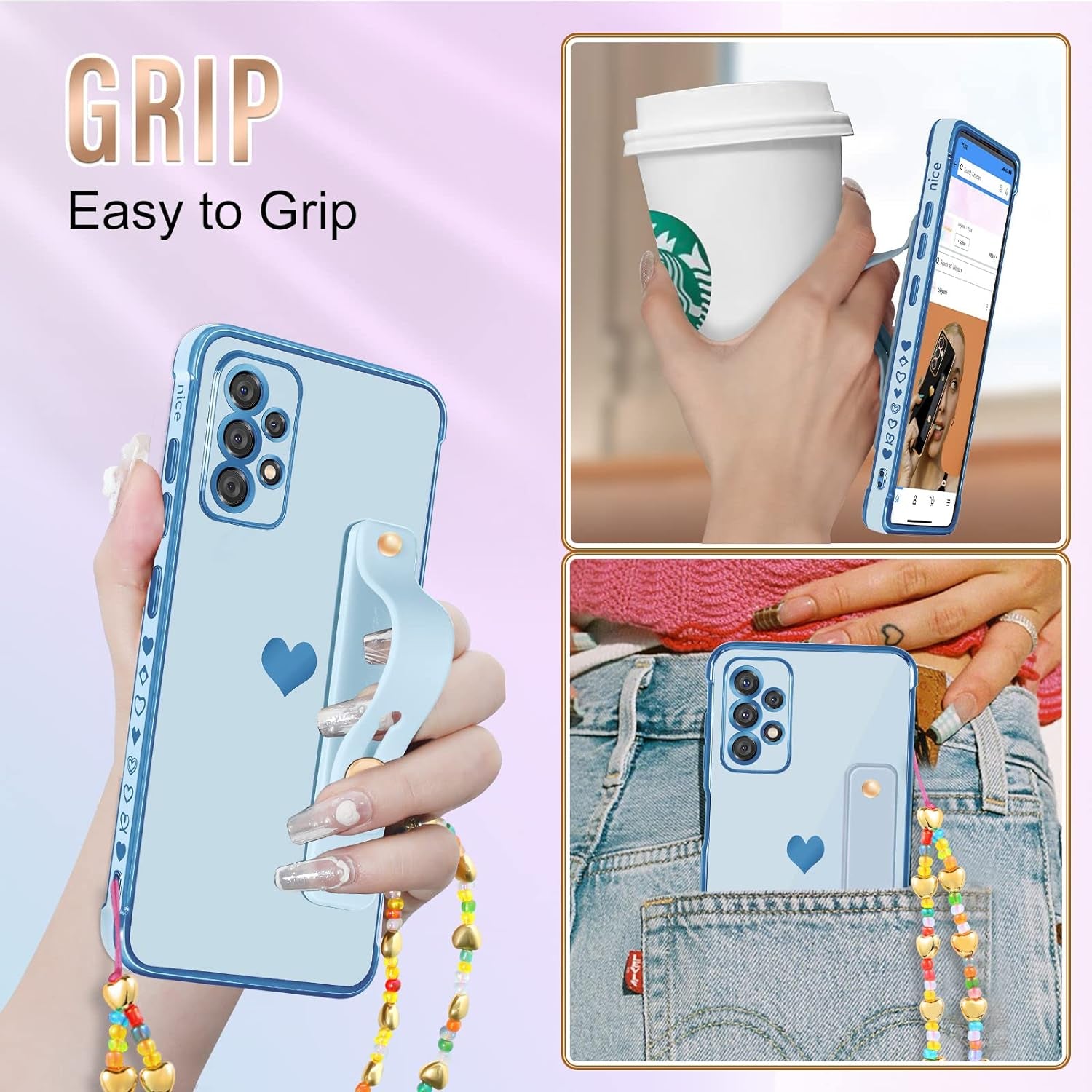 Likiyami (3In1 for Samsung Galaxy A53 5G Case Heart Women Girls Cute Girly Aesthetic Trendy Luxury Pretty with Loop Phone Cases Blue and Gold Plating Love Hearts Cover+Screen+Chain for A53 5G -6.5''  Likiyami   