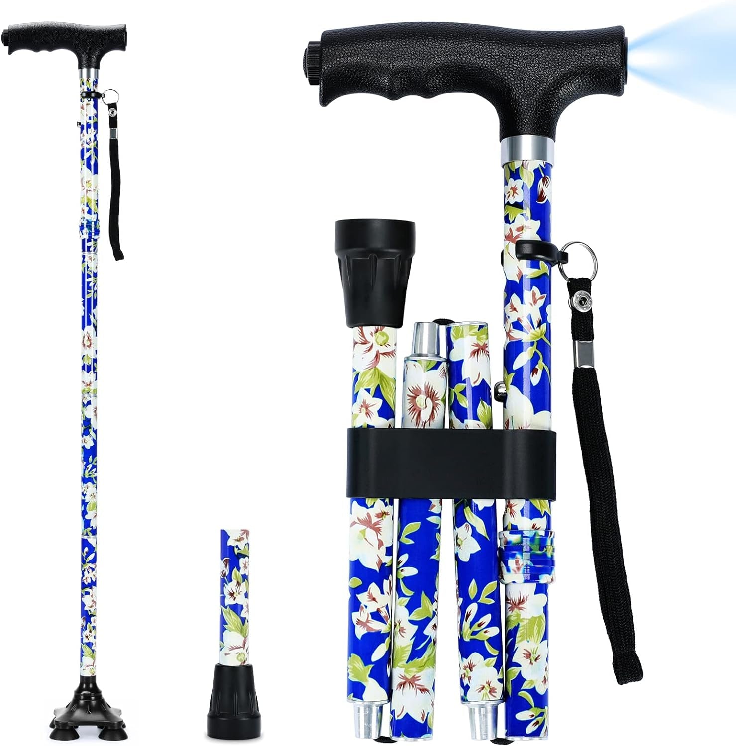 KAKICLAY Folding Walking Cane with LED Light for Women & Men, Foldable Adjustable Lightweight Aluminum Walking Stick for Seniors & Adults  KAKICLAY Flower  