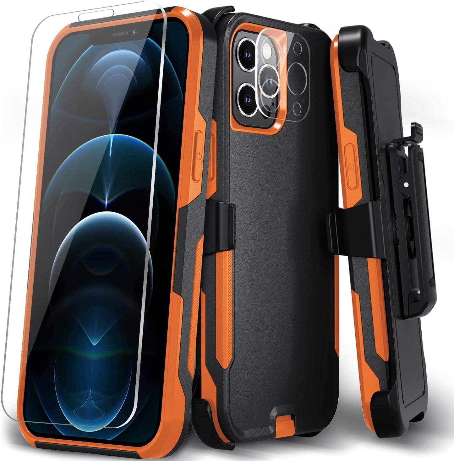 Xmon for Iphone 12 Pro Max Phone Case, [Shockproof] [Belt Clip Kickstand] [Tempered Glass Screen Protector with Camera Lens Protector] Heavy Duty Cover for Iphone 12 Pro Max 6.7 Inch (Blue)  Xmon Black/Orange  