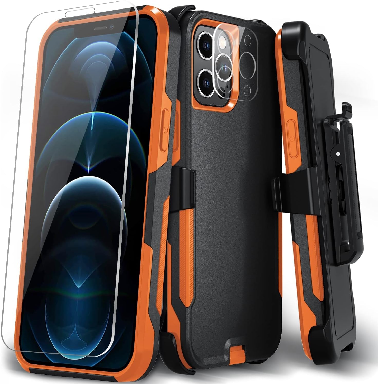 Xmon for Iphone 12 Pro Max Phone Case, [Shockproof] [Belt Clip Kickstand] [Tempered Glass Screen Protector with Camera Lens Protector] Heavy Duty Cover for Iphone 12 Pro Max 6.7 Inch (Blue)  Xmon Black/Orange  