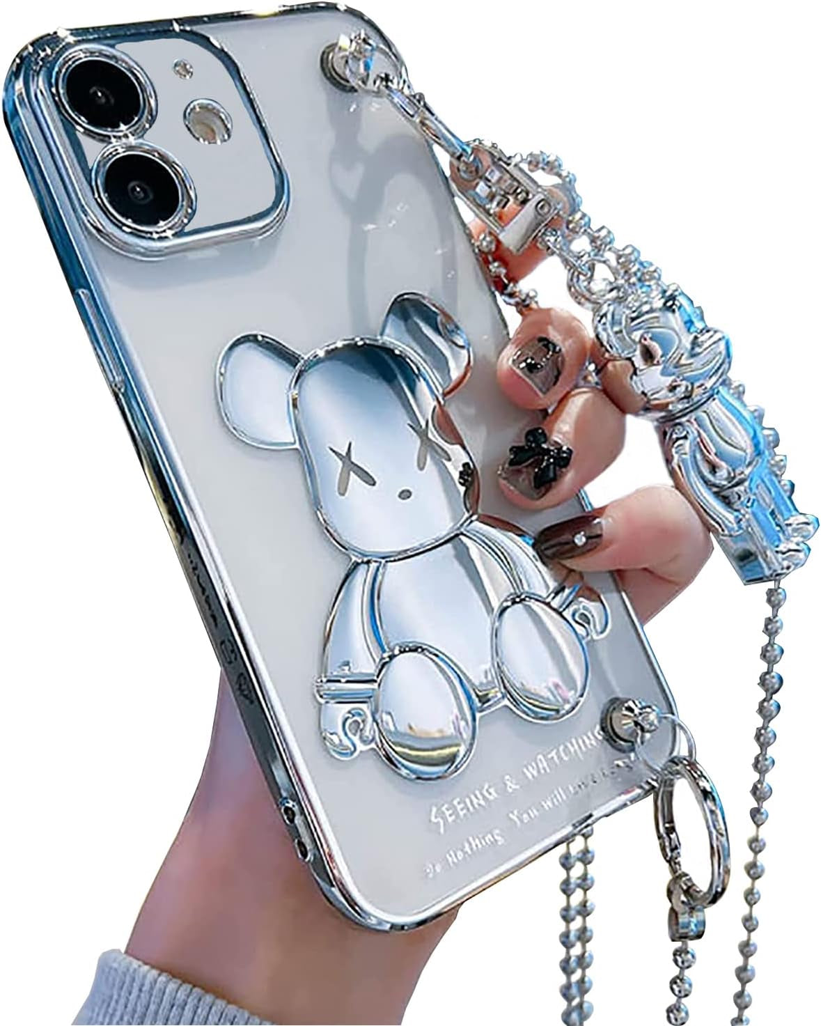 Aartvark Tees Cute Case for Iphone 13, Cartoon Silver Teddy Bear Sparkle Bling Cover with Metal Chain Strap Bell Pendant, Fashion Soft TPU Shockproof, Phone Case Suitable for Women & Girls  aartvark tees Silver Bear For Iphone 11 6.1" 