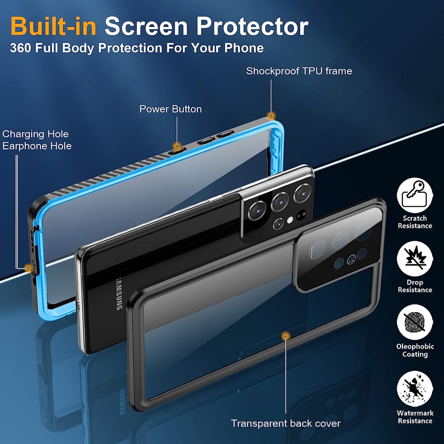 Temdan Samsung Galaxy S21 Ultra Case, [With Built-In Screen Protector & Camera Protector] [Full Body Waterproof] [Shockproof] [Dustproof] [Anti-Scratched] Clear Phone Case for S21 Ultra Case 5G Blue  Temdan   