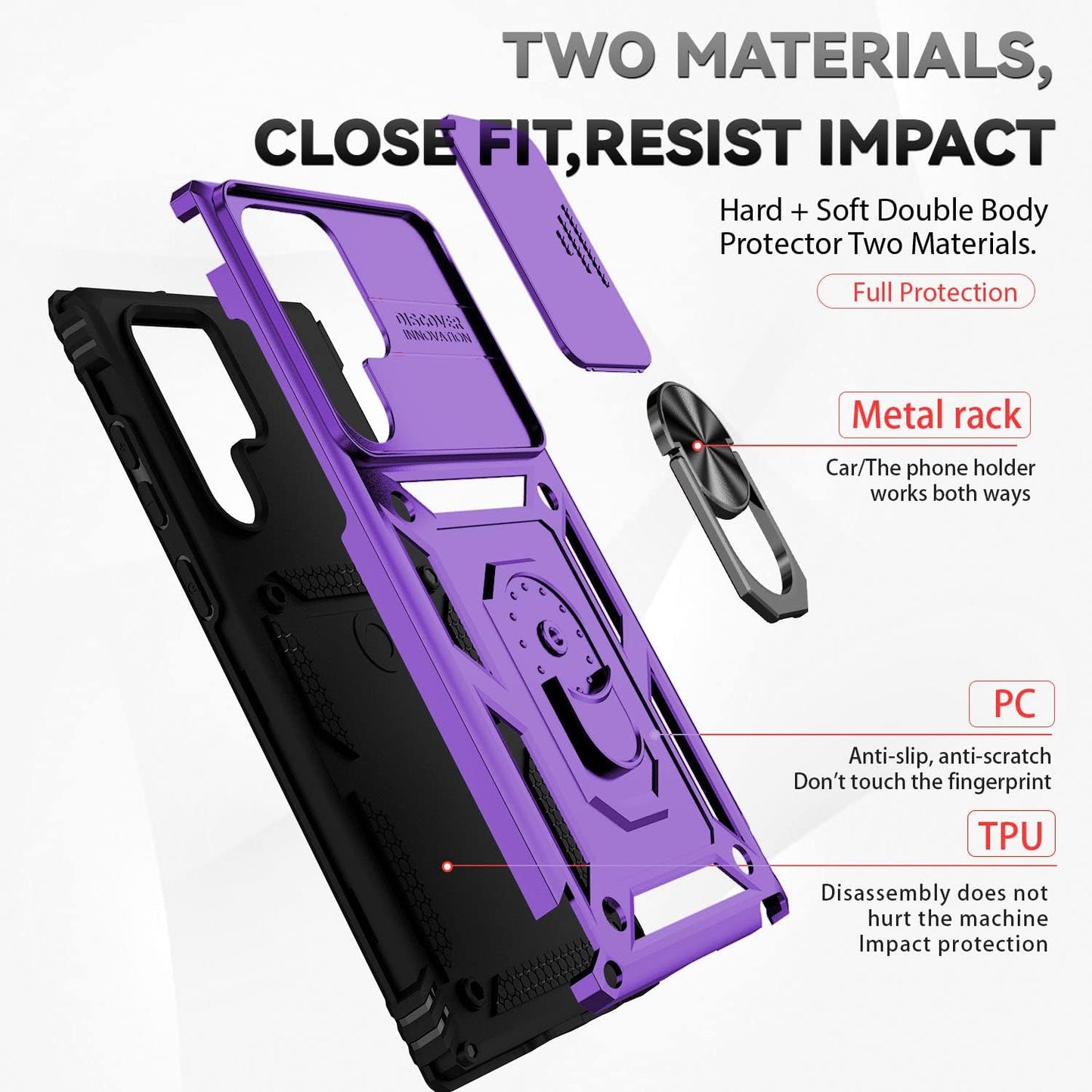 For Samsung Galaxy S22 Ultra Case with Camera Lens Cover HD Screen Protector, Military-Grade Drop Tested Magnetic Ring Holder Kickstand Protective Phone Case for Samsung Galaxy S22 Ultra 5G (Purple)  JINZHI Inc   