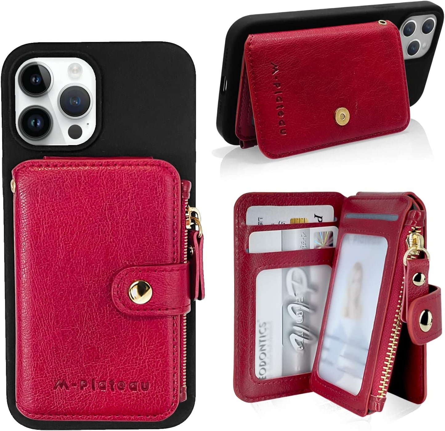 M-Plateau Phone Wallet Vegan Leather Magnetic Button Wallet for Men Have 6 Id Window Designed for Iphone 13 Pro Max,Google Pixel, Galaxy Attachment 3M Adhesive Sticker (Brown)  M-Plateau Red  